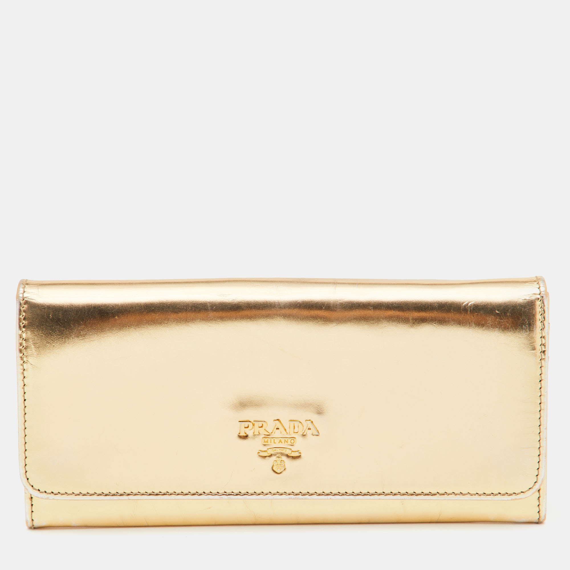Pre-owned Prada Gold Patent Leather Flap Continental Wallet