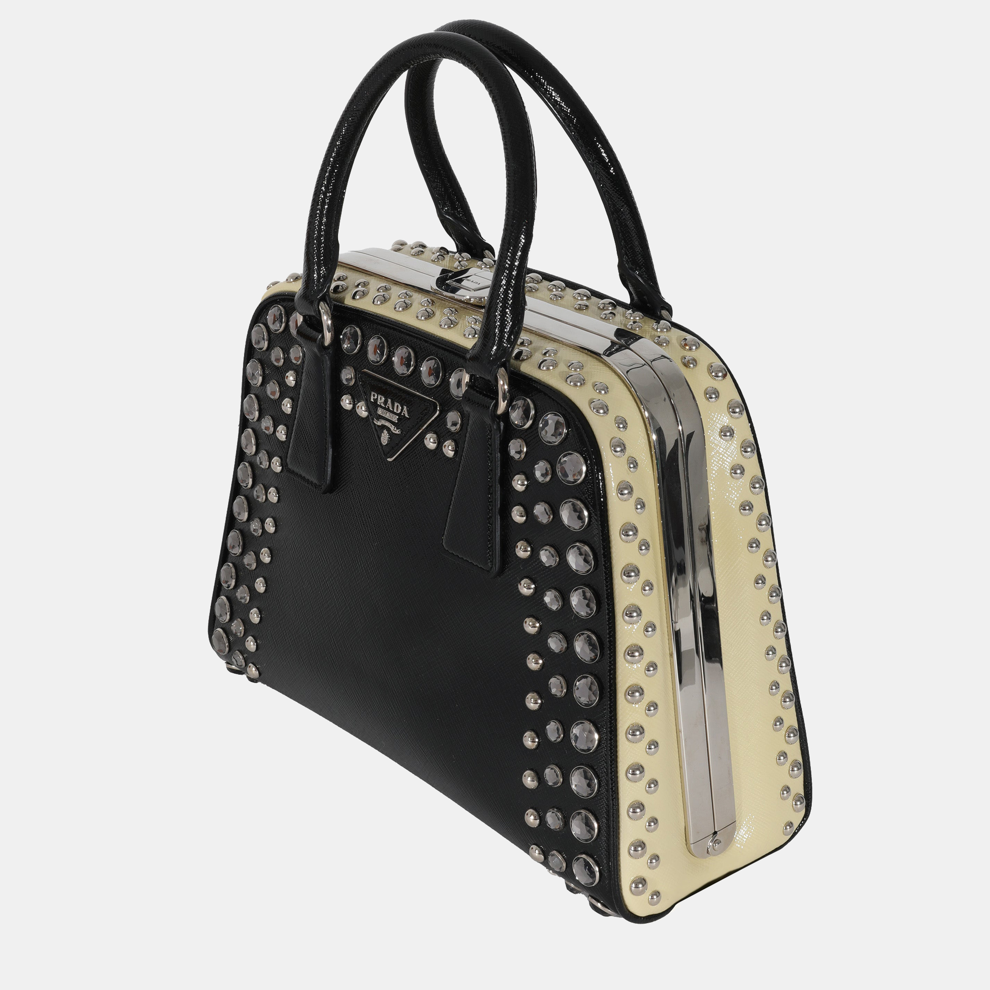 

Prada Black/White Saffiano Patent Leather Pyramid Studded Satchel Bag