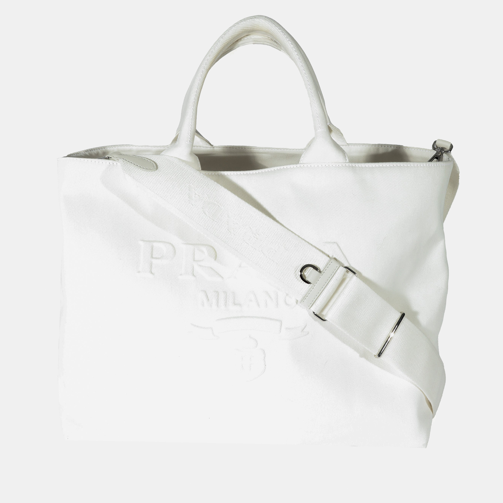 

Prada White Canvas  Embossed Drill Tote Bag