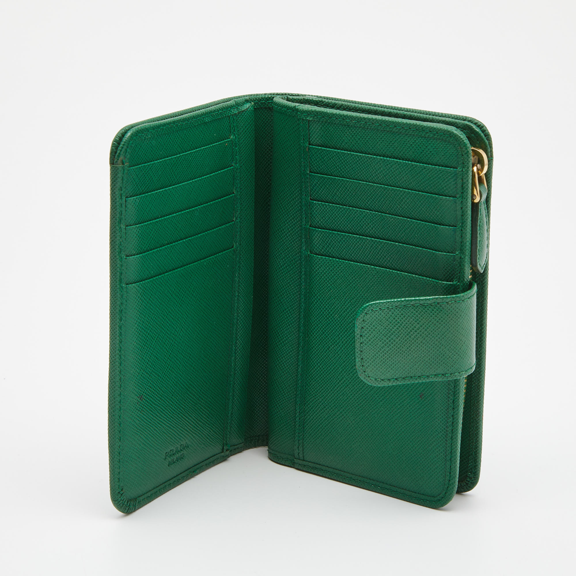 

Prada Green Saffiano Metal Leather Logo French Wallet