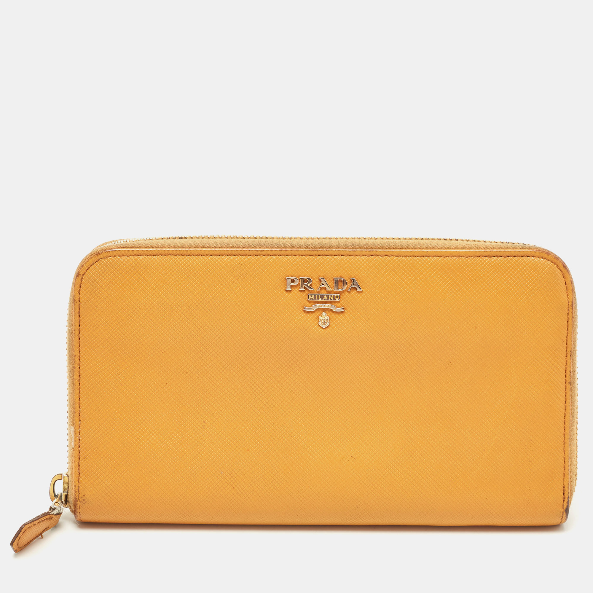 Pre-owned Prada Mustard Saffiano Lux Leather Zip Around Continental Wallet In Yellow