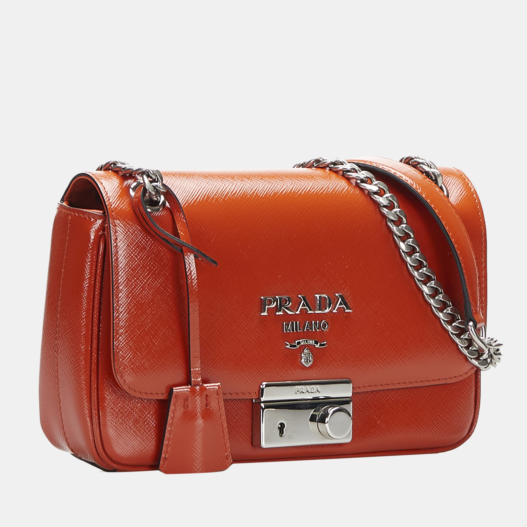 

Prada Orange Saffiano Vernice Sound Lock Crossbody