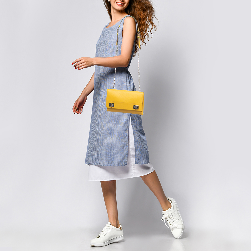 

Prada Yellow Saffiano Leather Double Turn Lock Chain Shoulder Bag