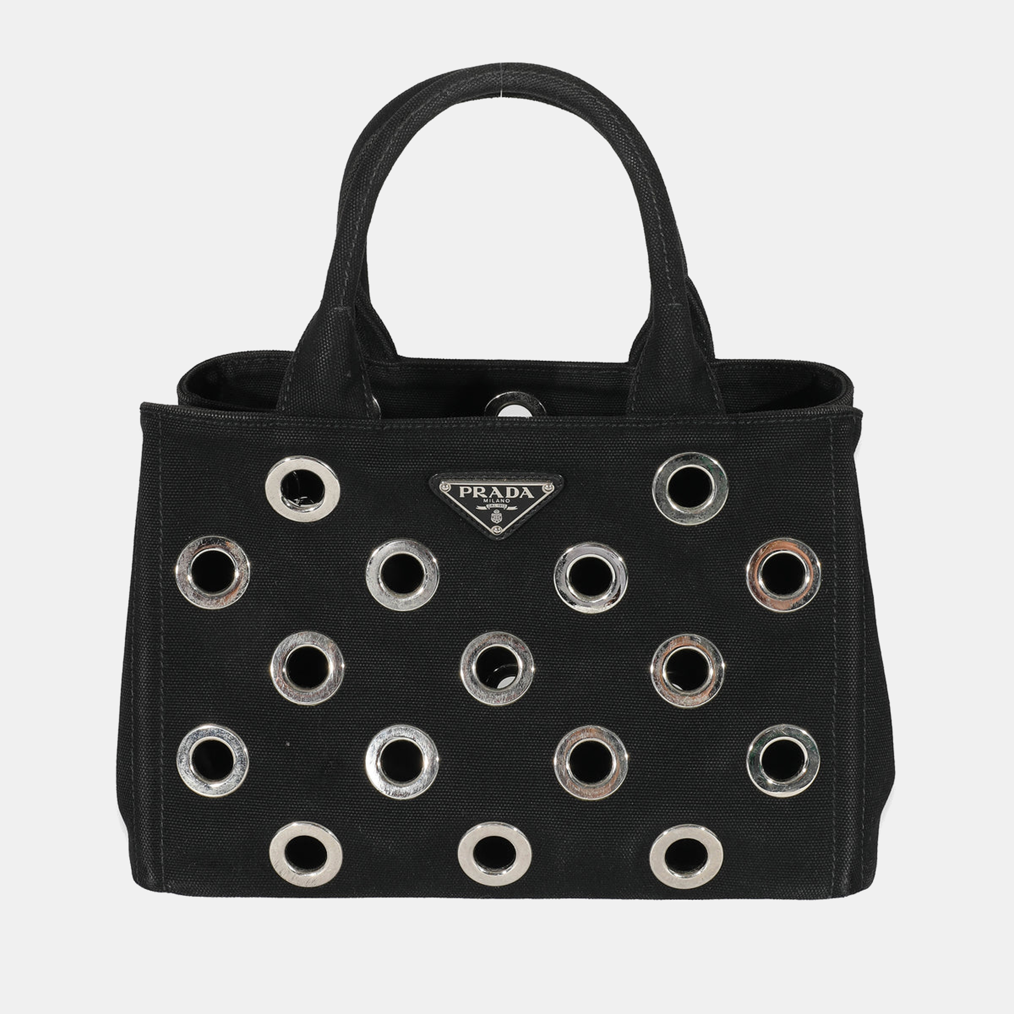PRADA BLACK CANVAS SMALL GROMMET CANAPA TOTE BAG