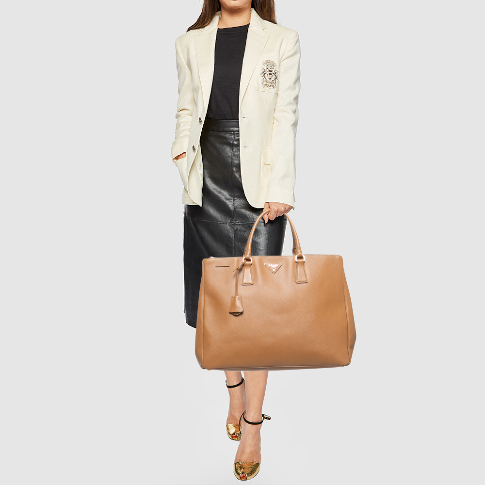 

Prada Camel Brown Saffiano Lux Leather Extra  Double Zip Tote