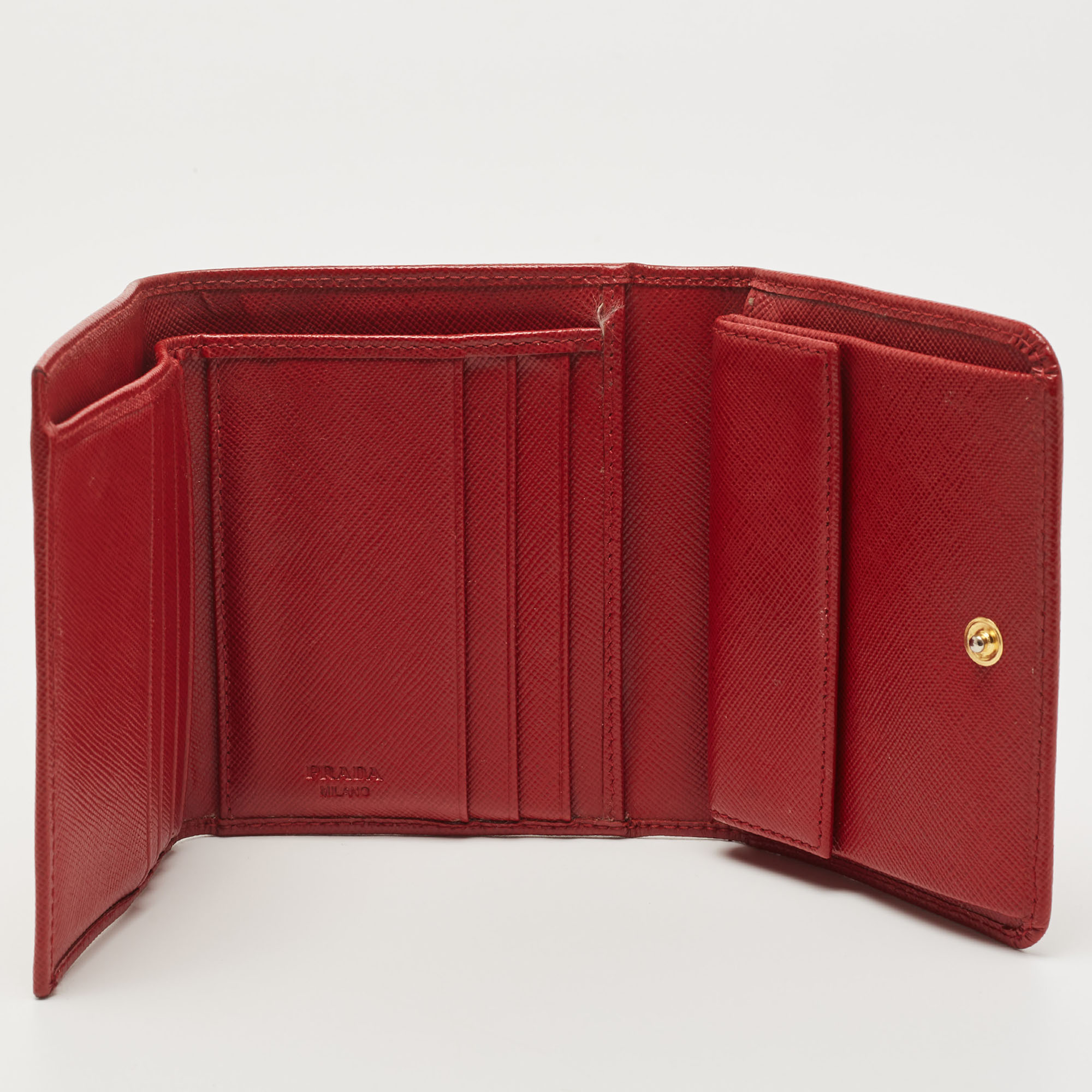

Prada Red Saffiano Metal Leather Logo Trifold Compact Wallet