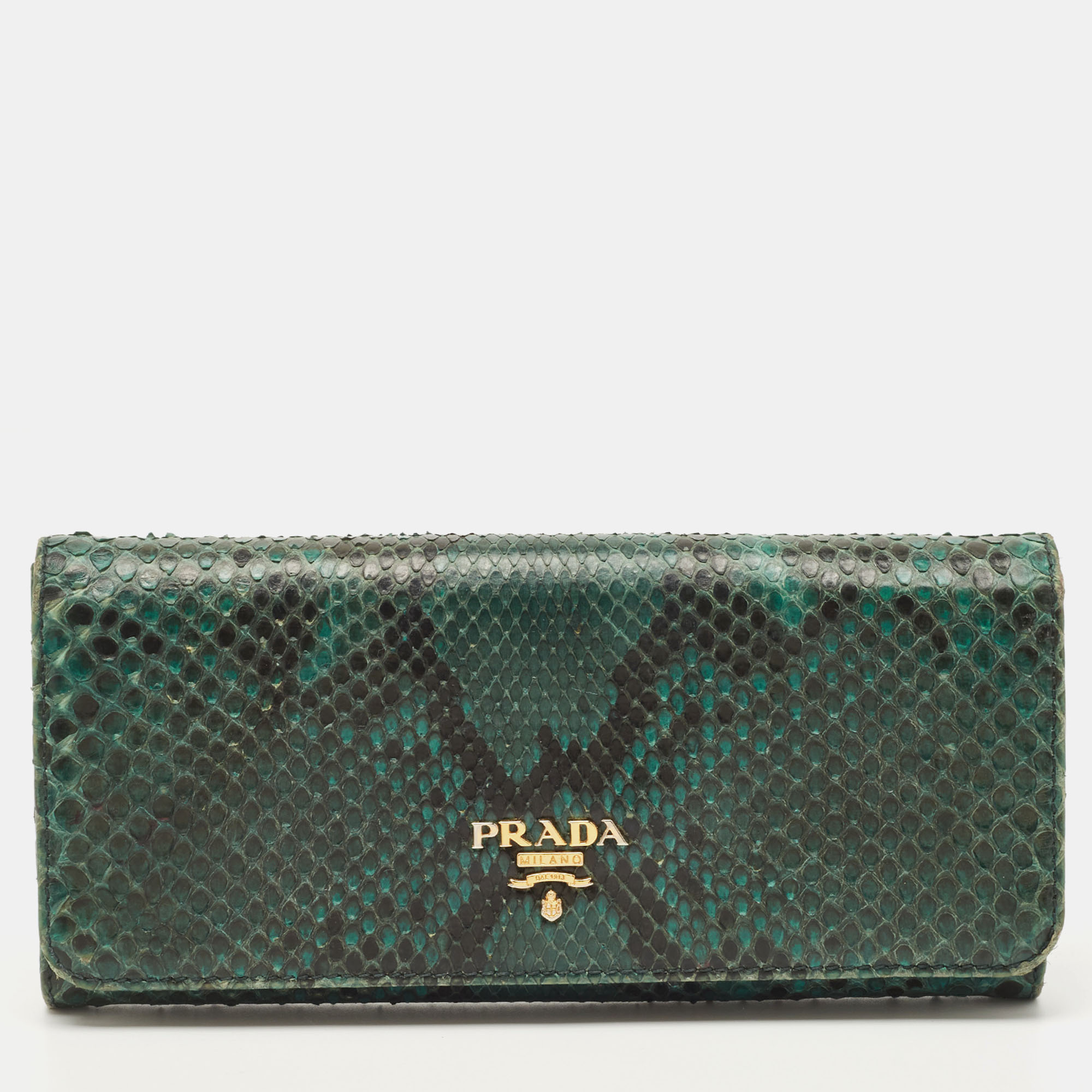 Pre-owned Prada Green/black Python Flap Continental Wallet