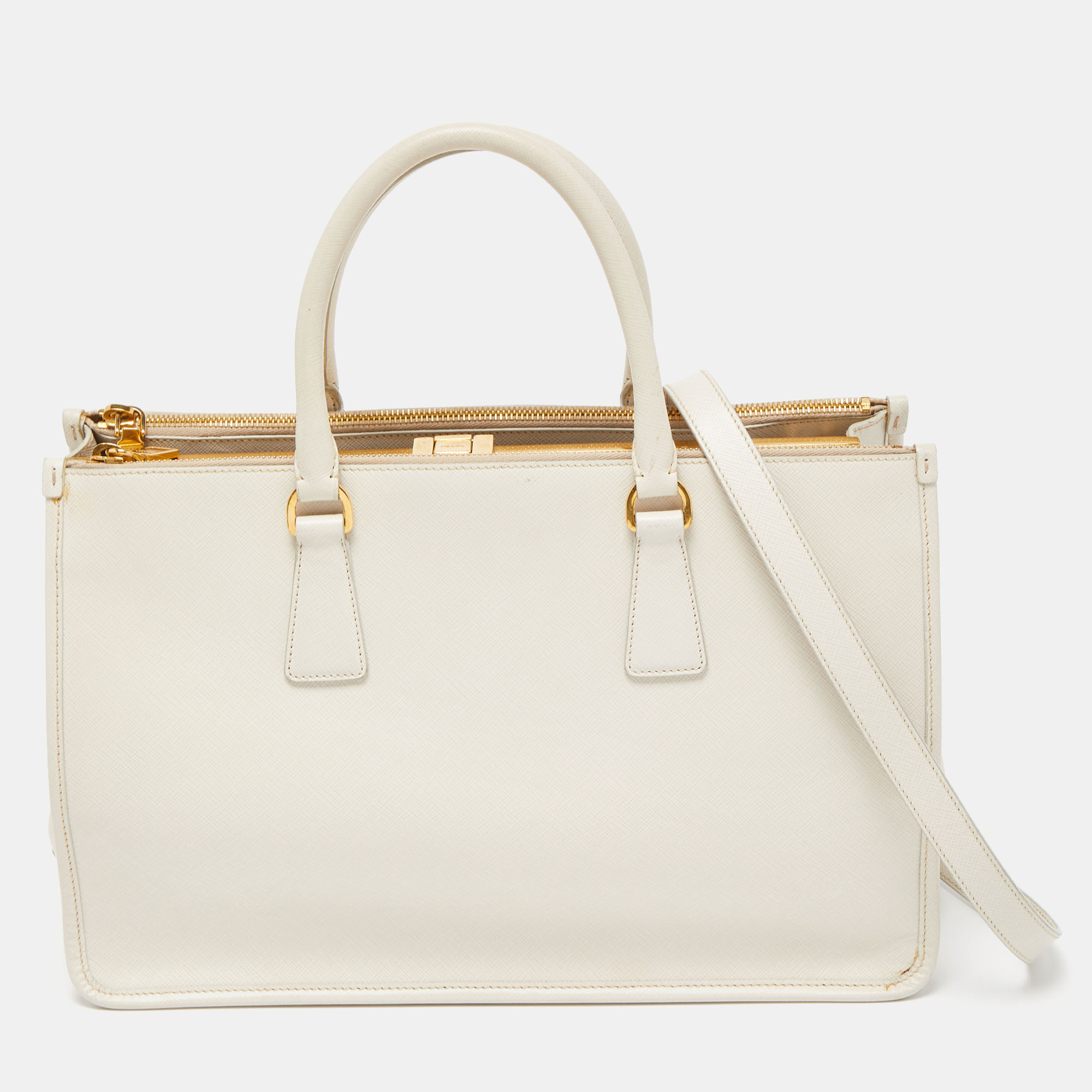 

Prada White Saffiano Lux Leather Frame Tote