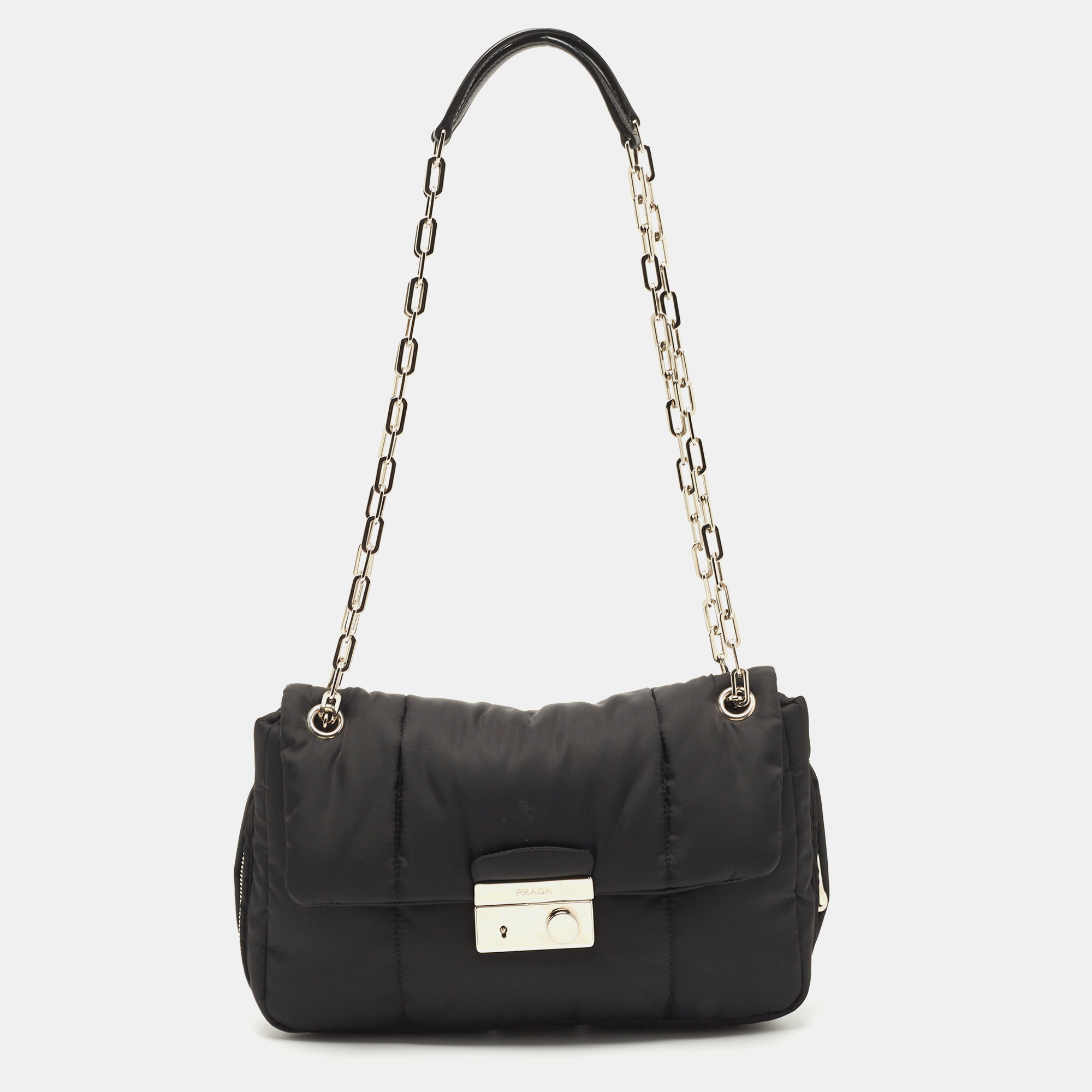PRADA Nylon & Leather Chain Shoulder Bag Black