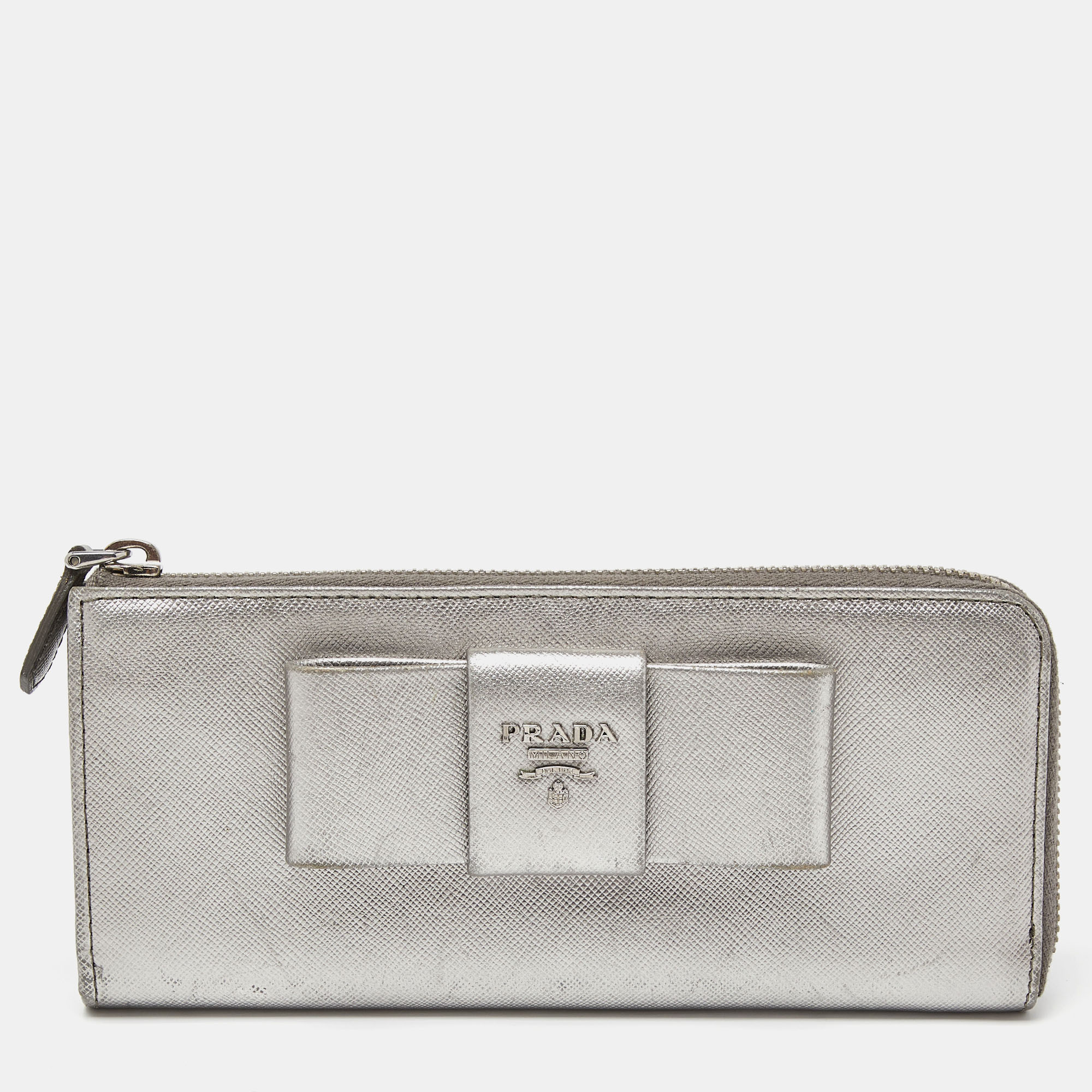 Pre-owned Prada Silver Saffiano Lux Leather Zip Around Wallet