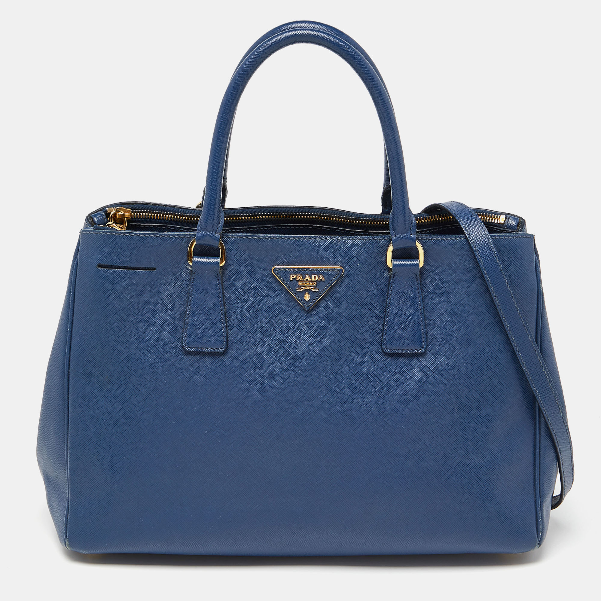 Pre-owned Prada Blue Saffiano Lux Leather Large Galleria Double Zip Tote