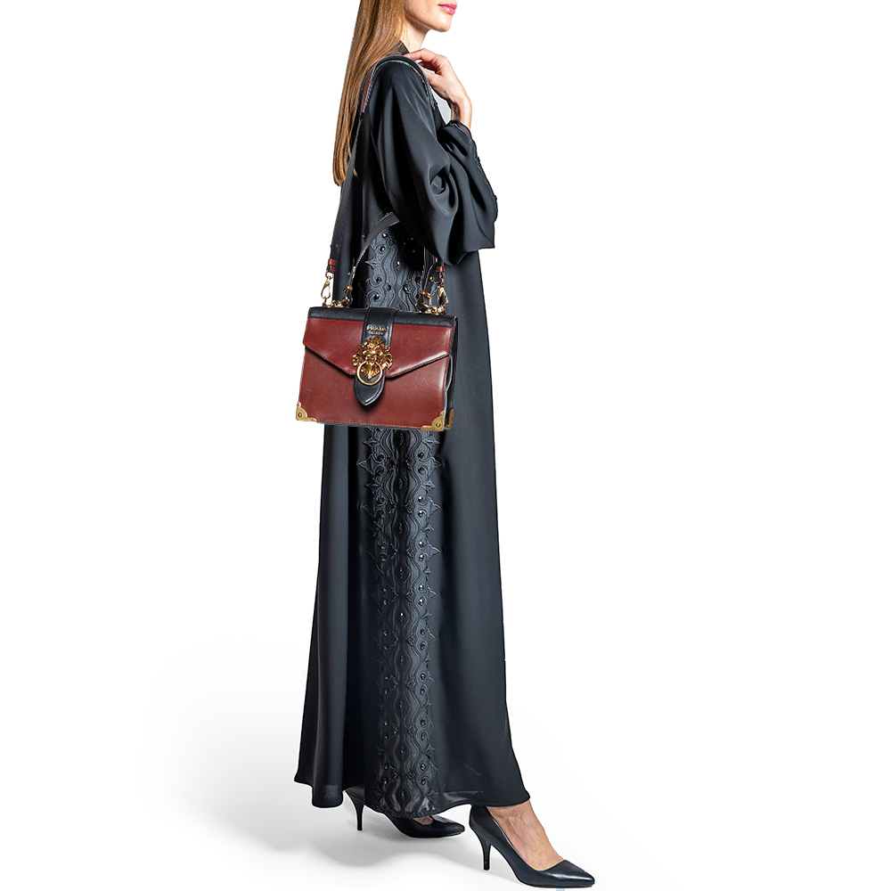 

Prada Brown/Black Leather Animalier Cahier Flap Top Handle Bag