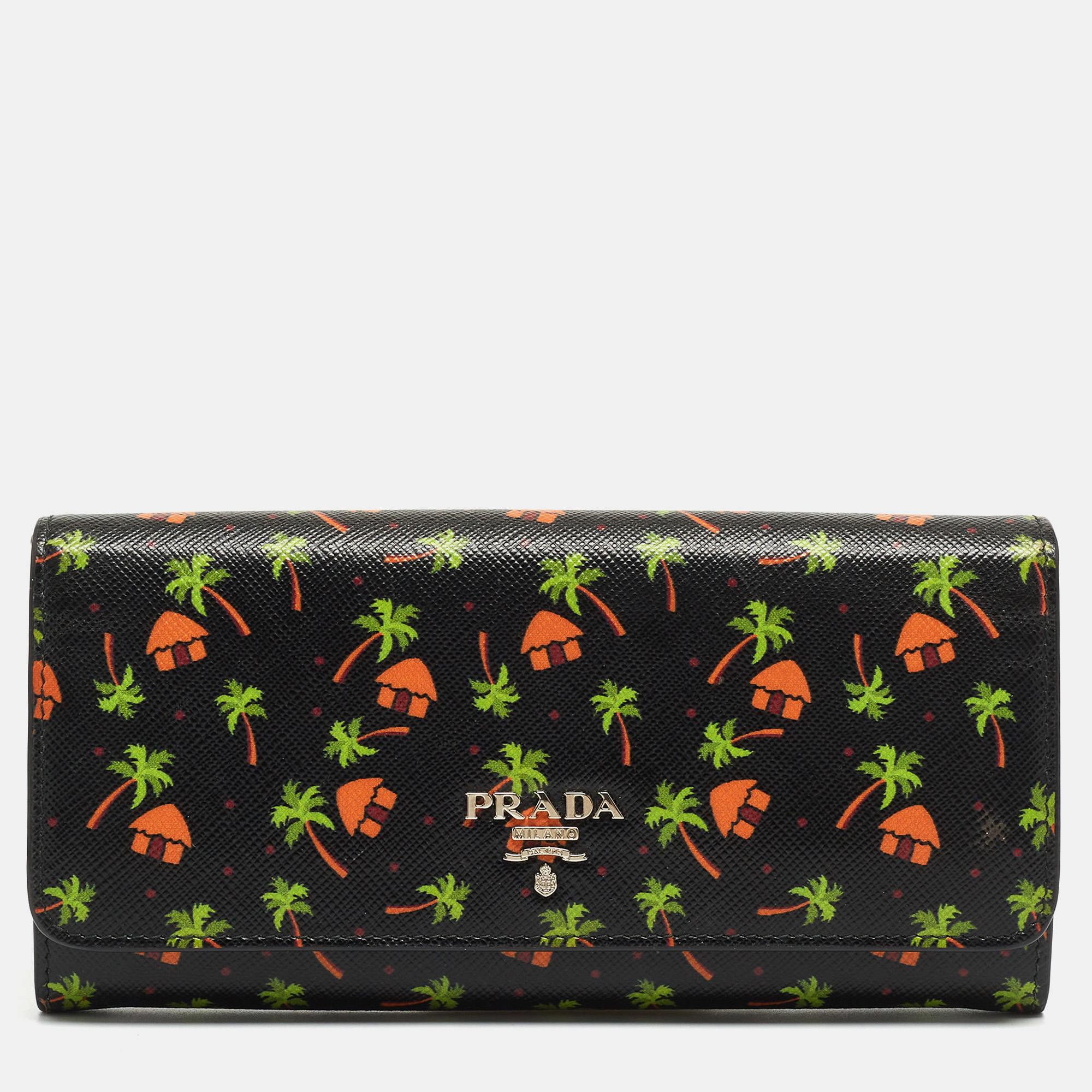 Pre-owned Prada Black Leather Palm Tree Print Flap Continental Wallet