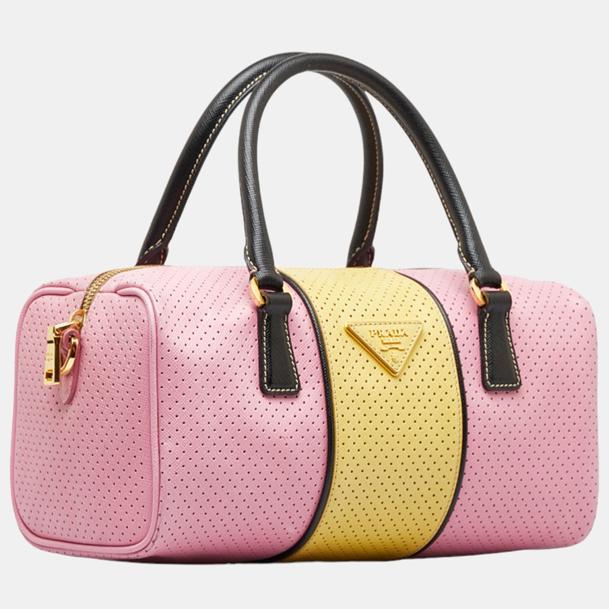 

Prada Pink/Yellow Perforated Leather Lux Bauletto Boston Bag