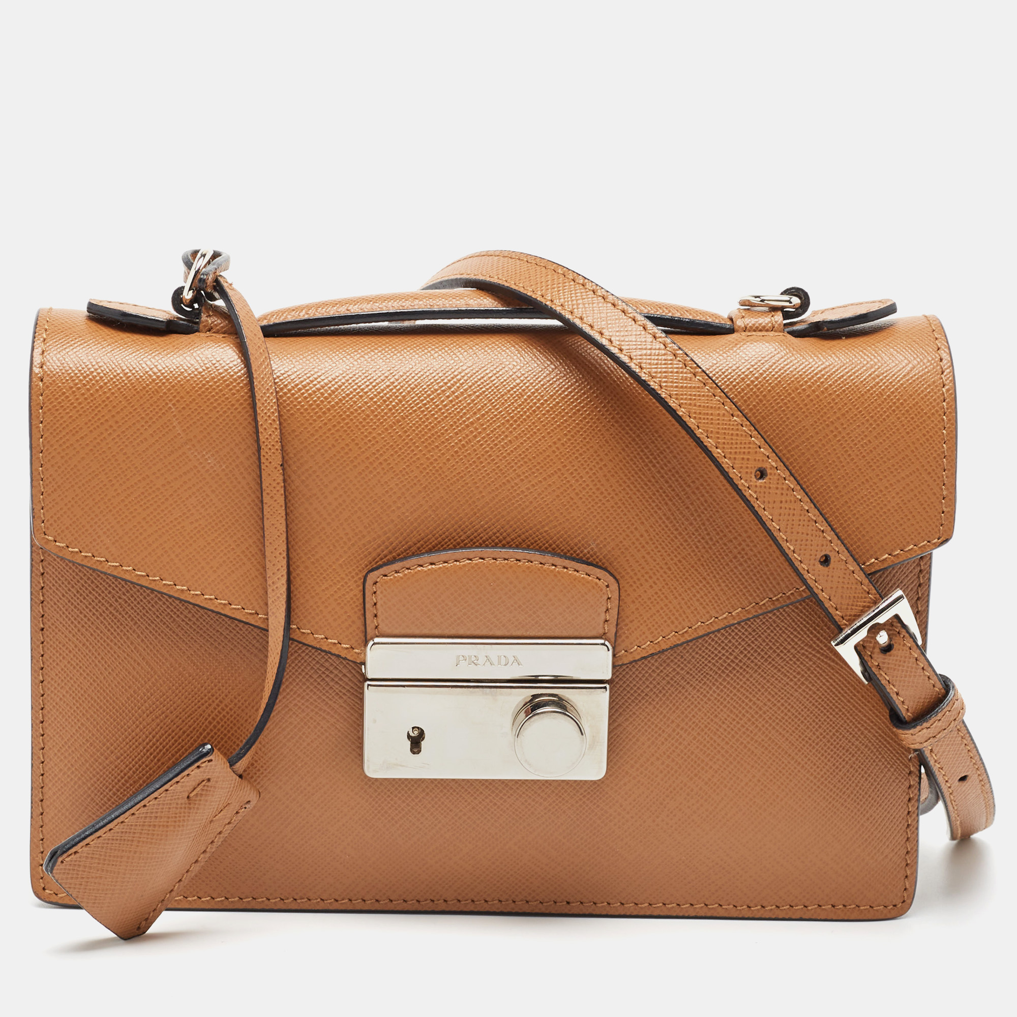 Pre Owned Prada Brown Saffiano Leather Mini Sound Top Handle Bag