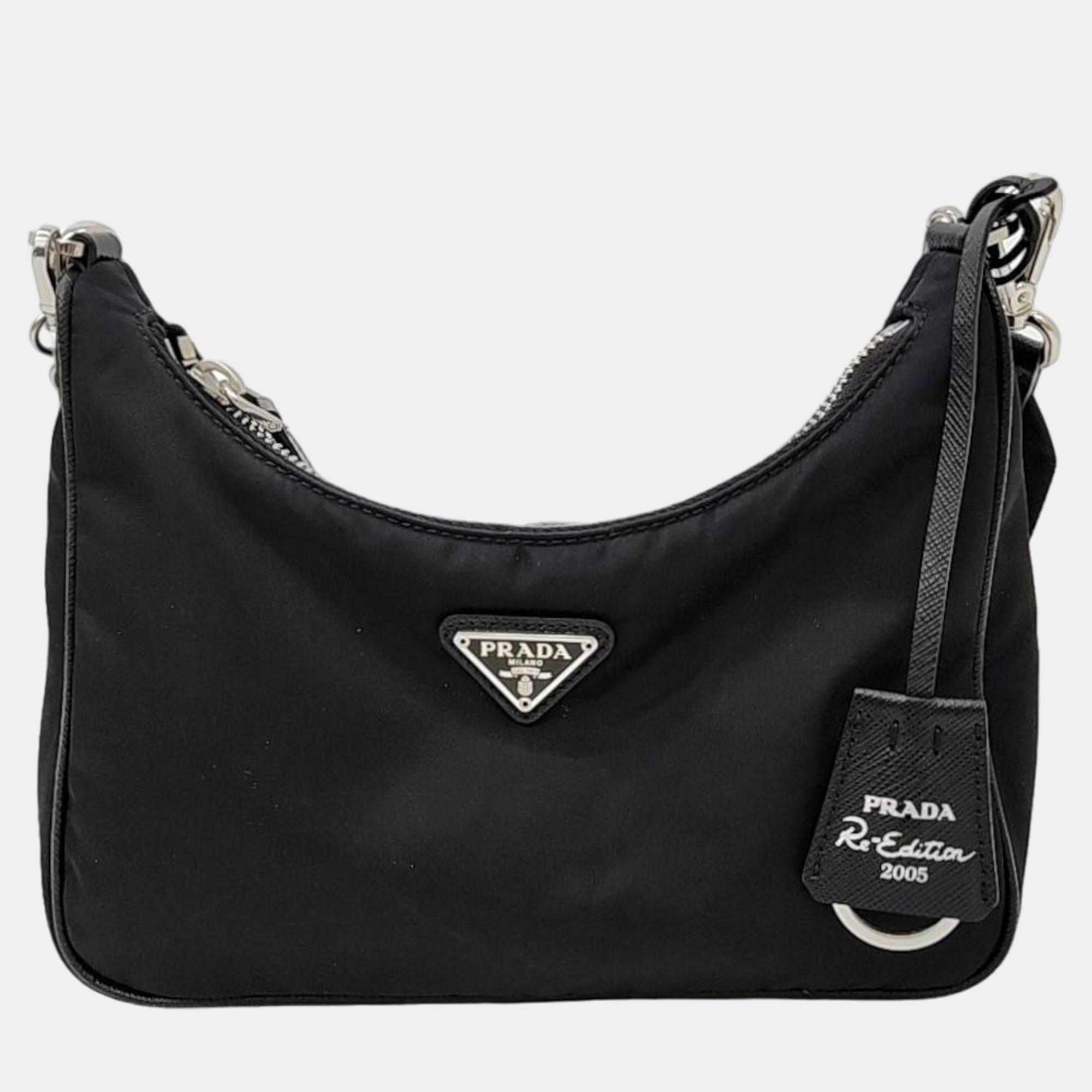 Pre-owned Prada Re-nylon Tesuto Chain Strap Hobo Bag In Black
