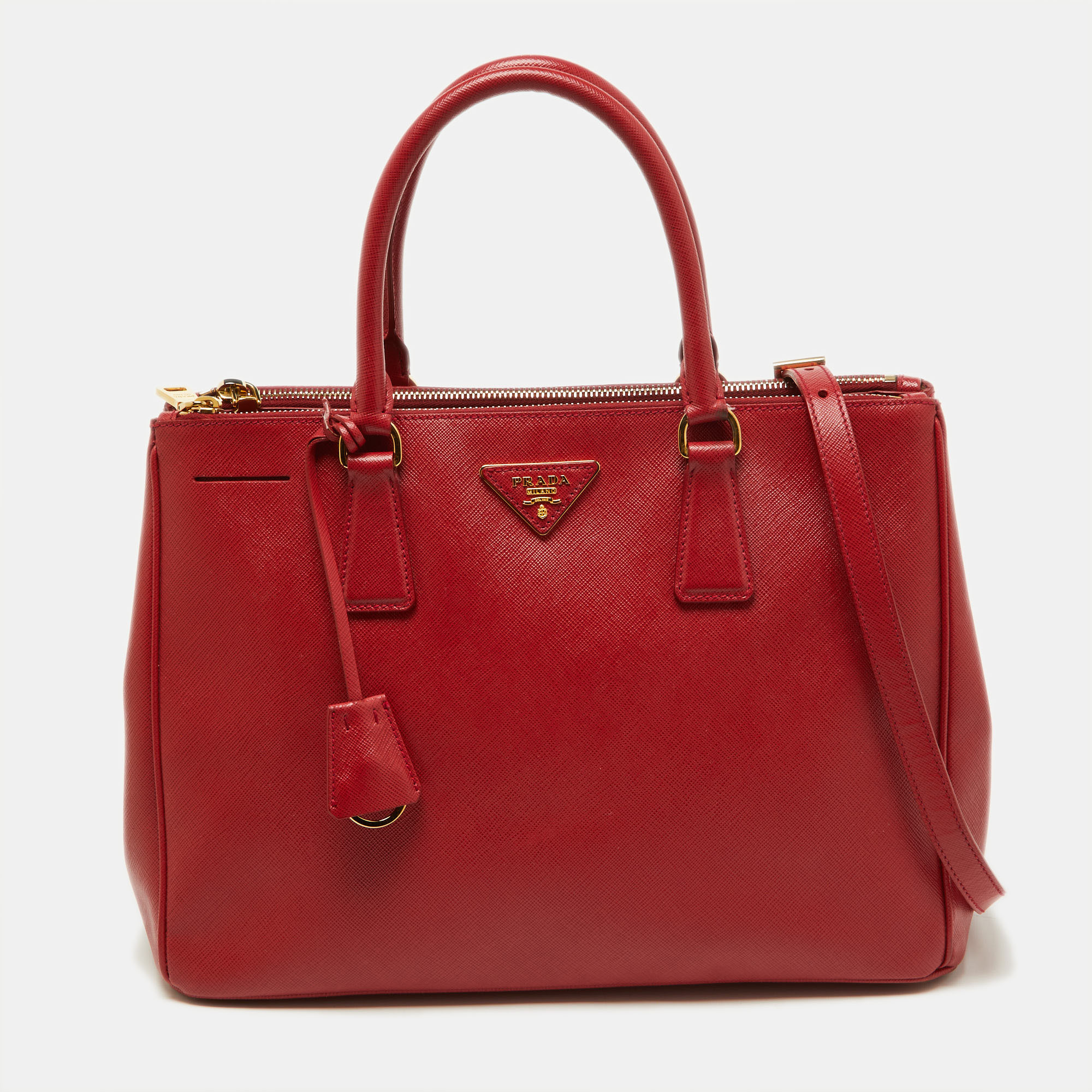 Pre-owned Prada Red Saffiano Lux Leather Medium Double Zip Tote