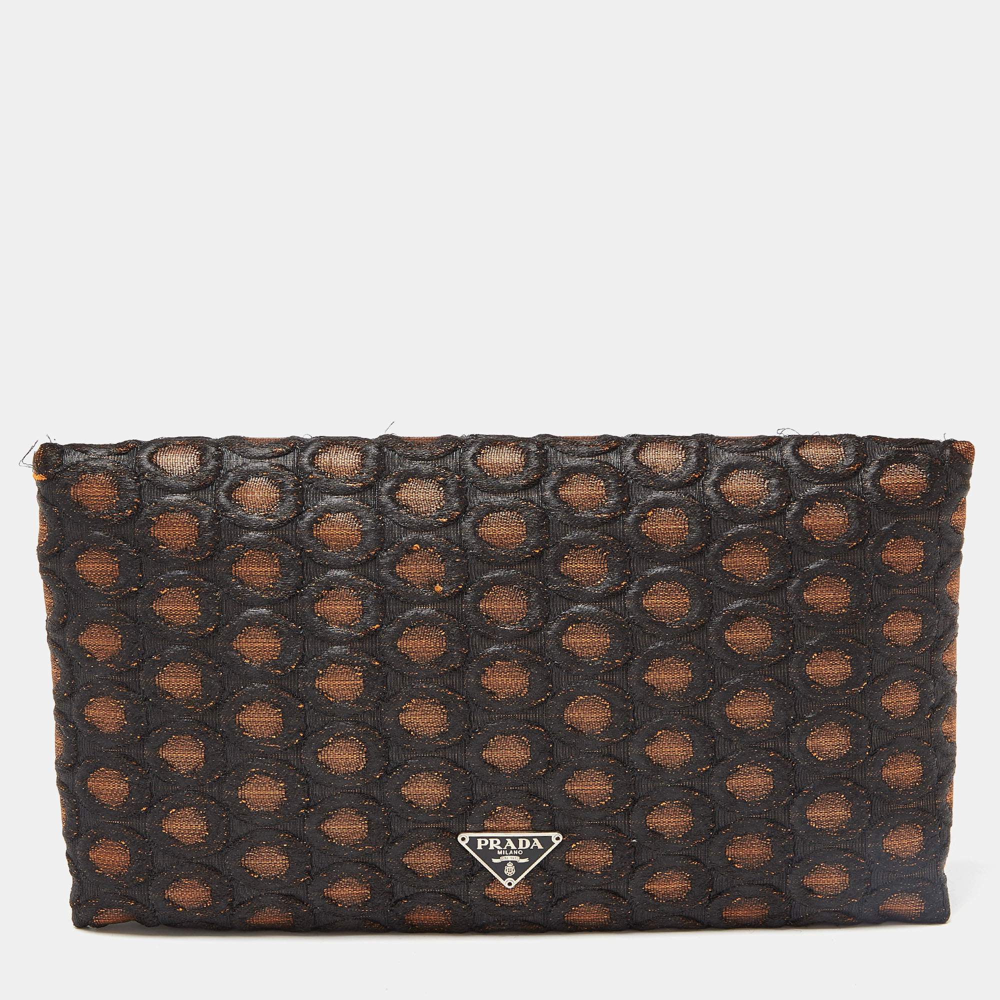Pre-owned Prada Brown/beige Embroidered Fabric Frame Clutch
