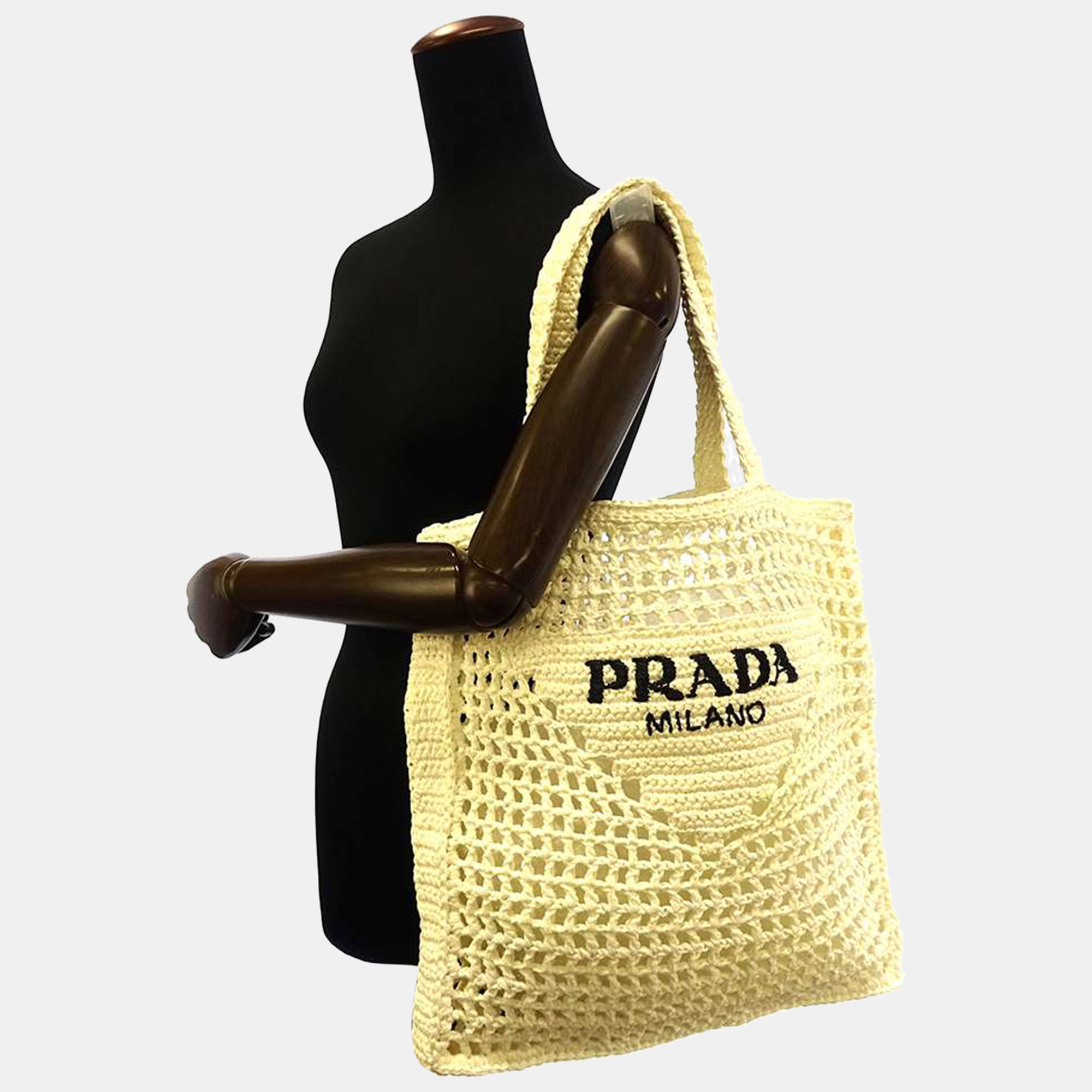 

Prada White Raffia Crochet Tote Bag