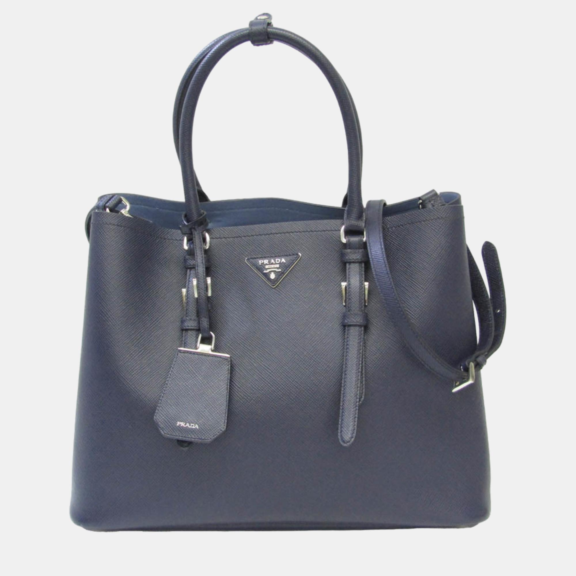 Pre-owned Prada Blue Leather Saffiano Cuir Double Tote Bag In Navy Blue