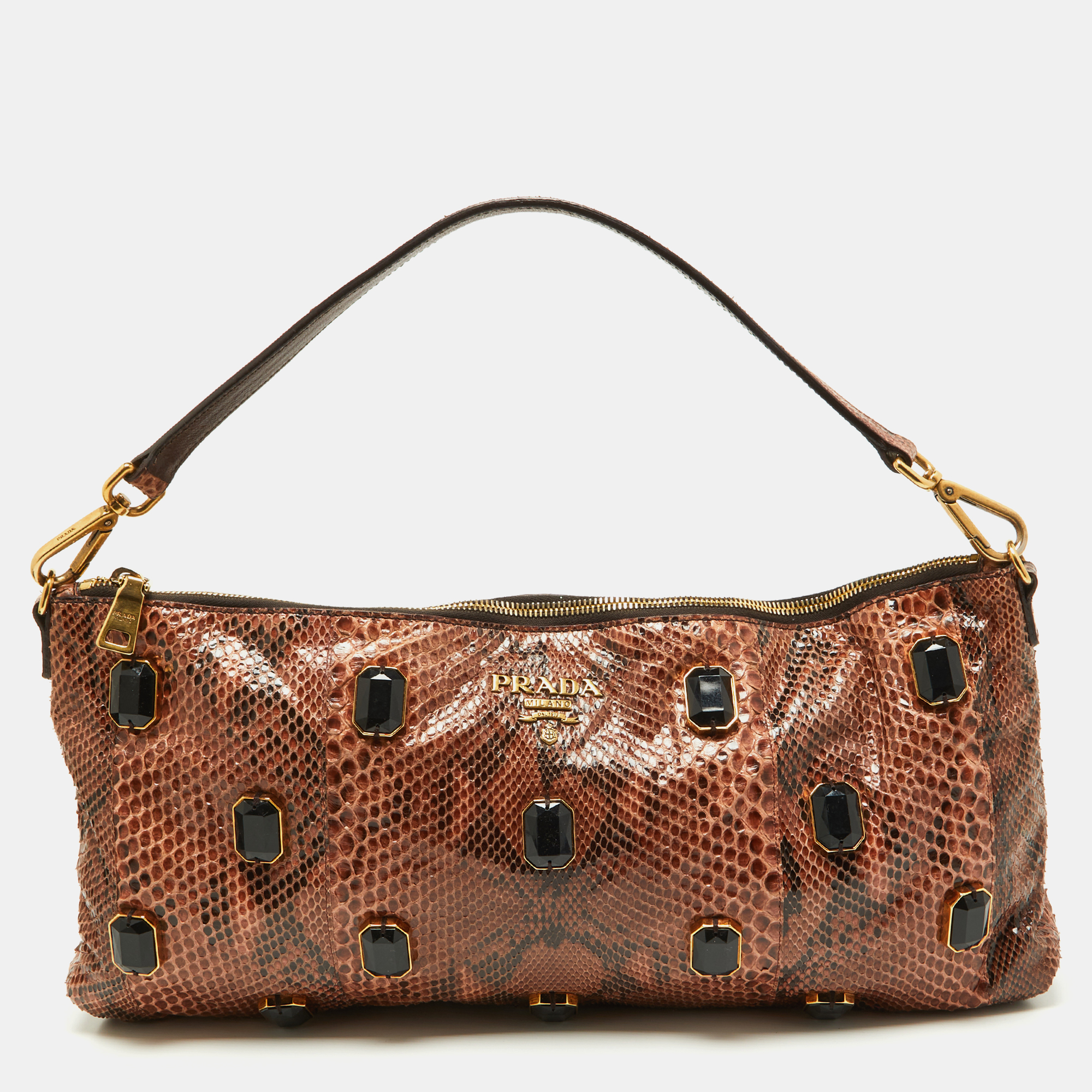 Pre-owned Prada Brown Python Jewel Embellished Shoulder Bag