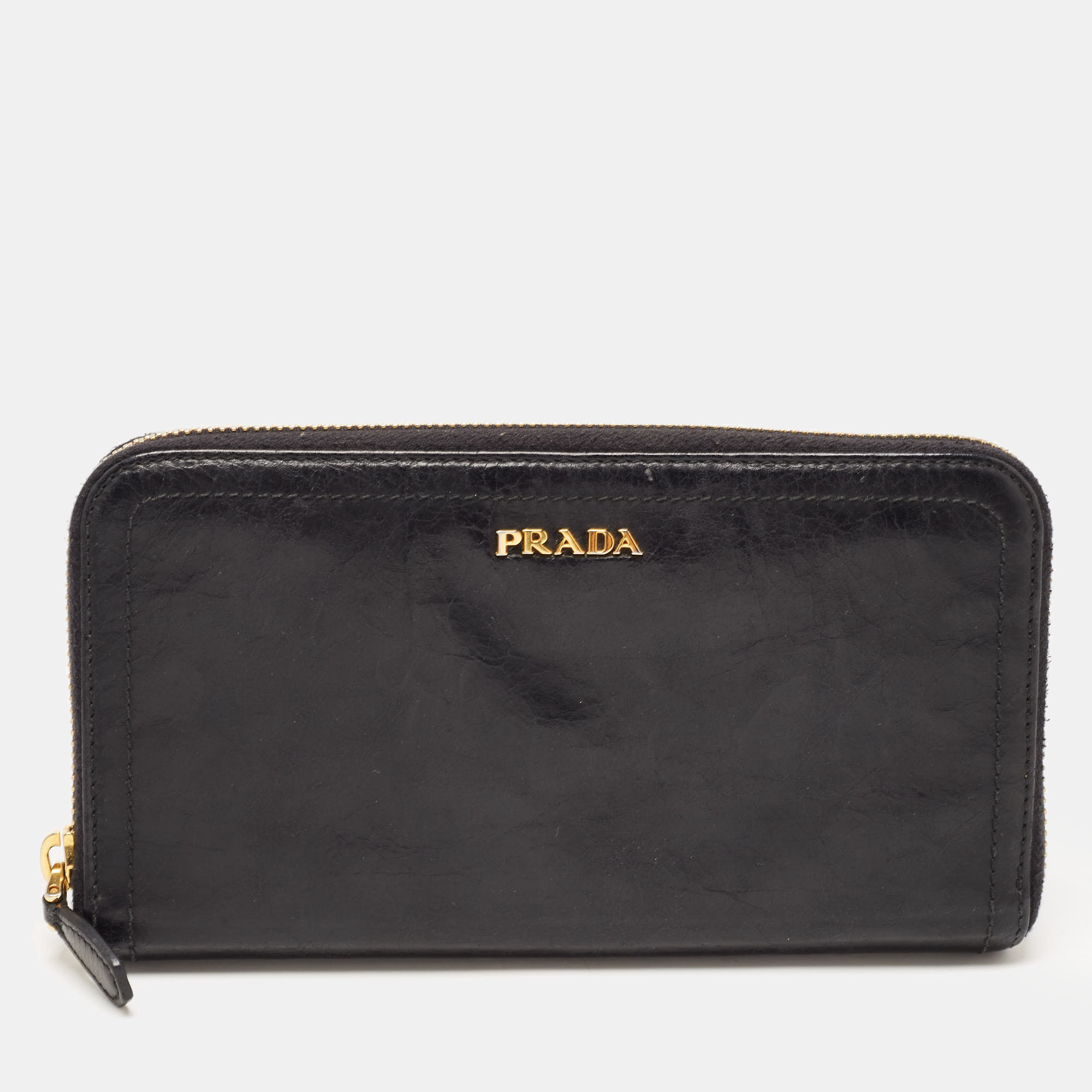 Pre-owned Prada Black Leather Zip Around Wallet