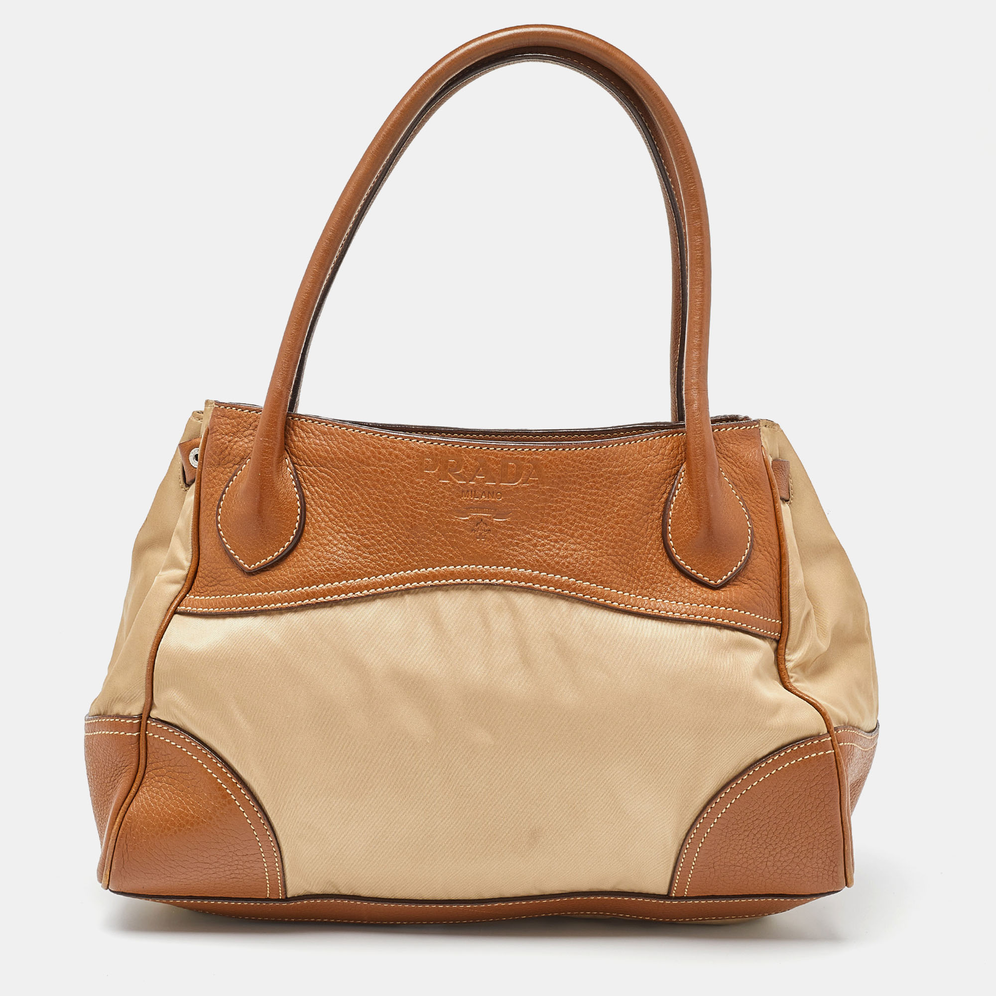

Prada Beige/Brown Leather and Nylon Logo Satchel