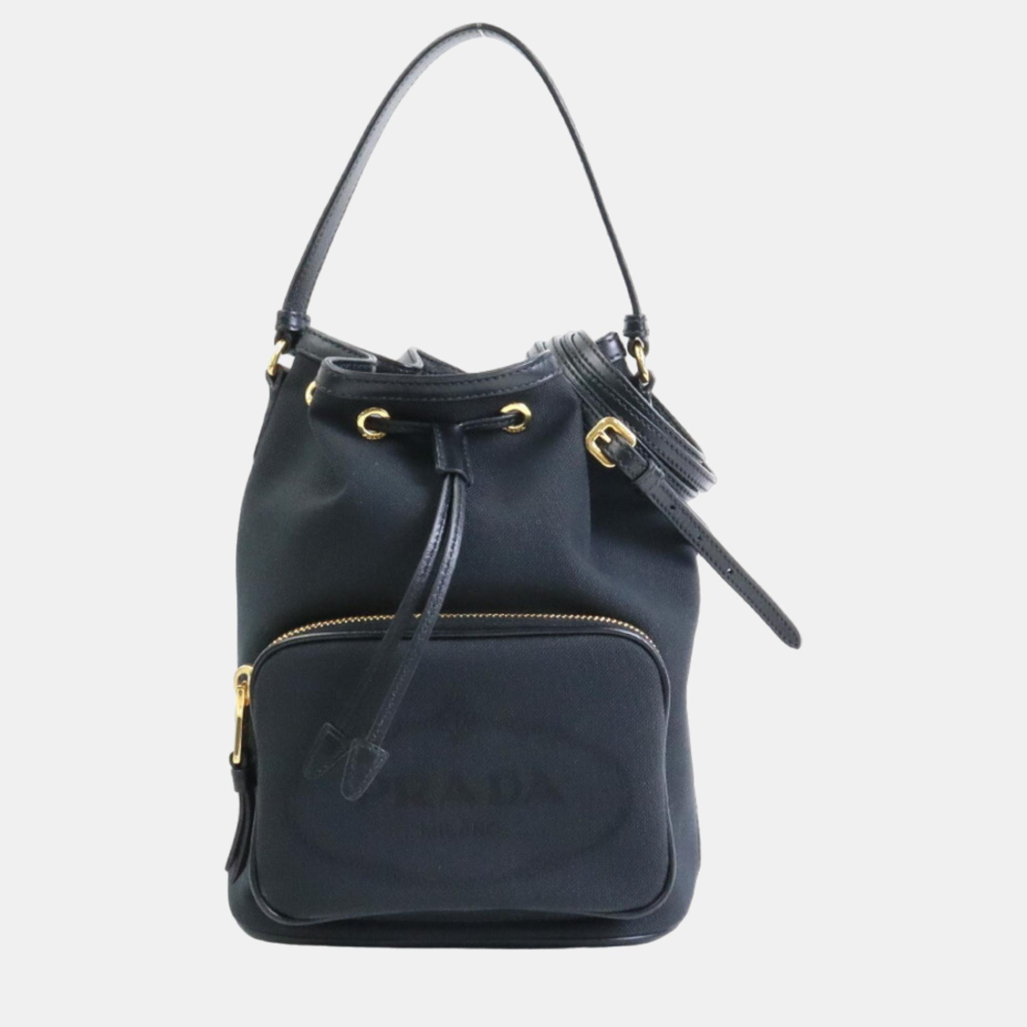 Pre-owned Prada Black Nylon Leather Duet Top Handle Bucket Bag