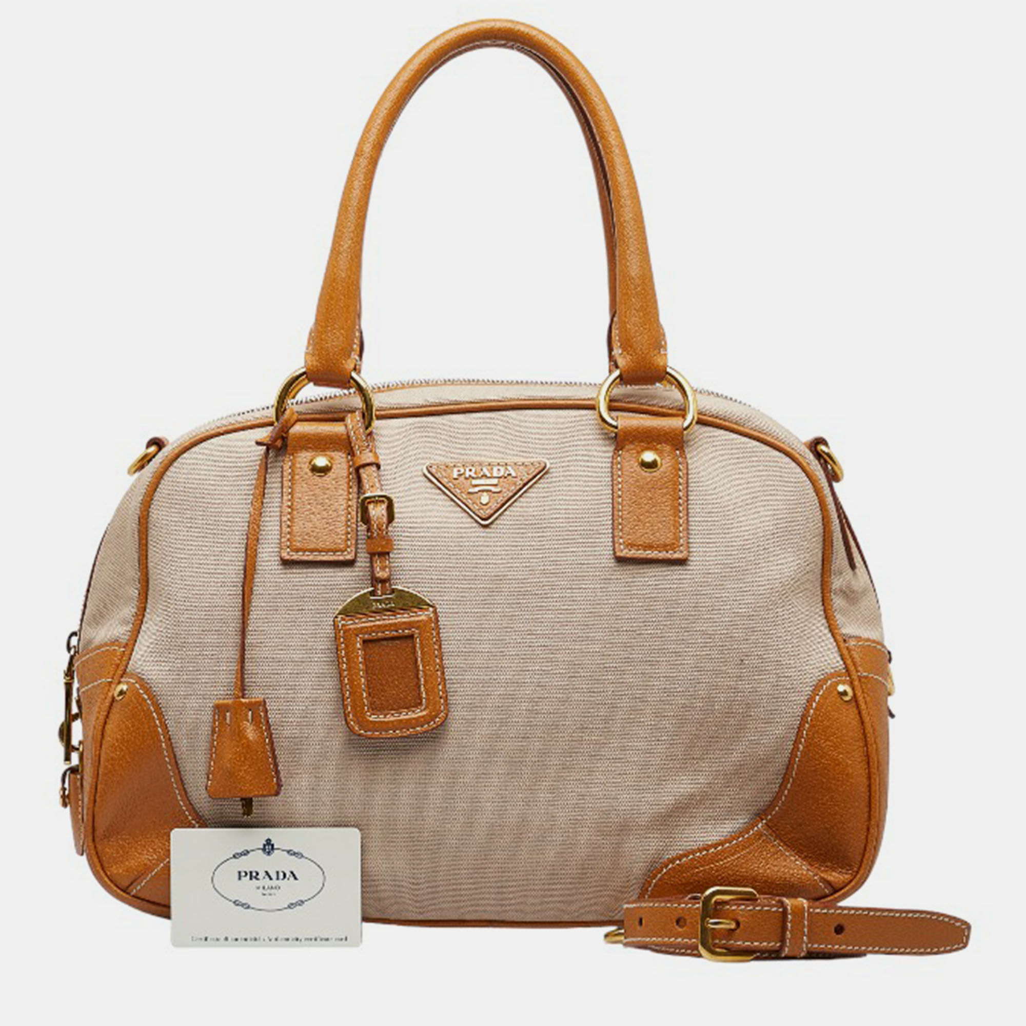 

Prada Brown Canvas Leather Trimmed Canapa Handbag