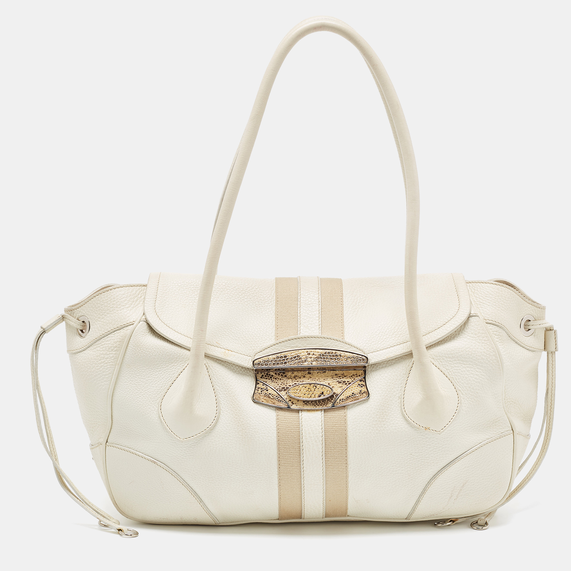 Pre-owned Prada White/beige Lizard And Leather Satchel