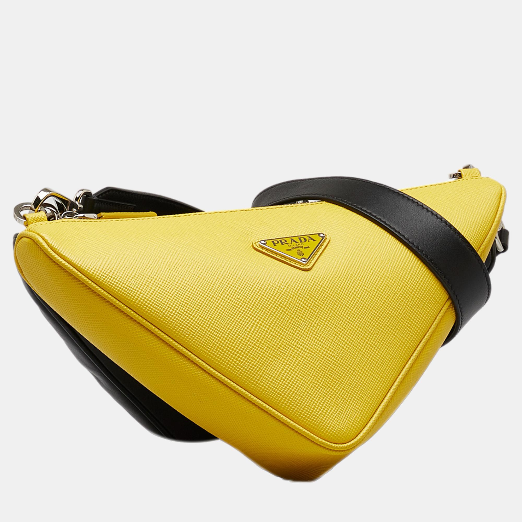 

Prada Yellow Saffiano Double Triangle Crossbody Bag