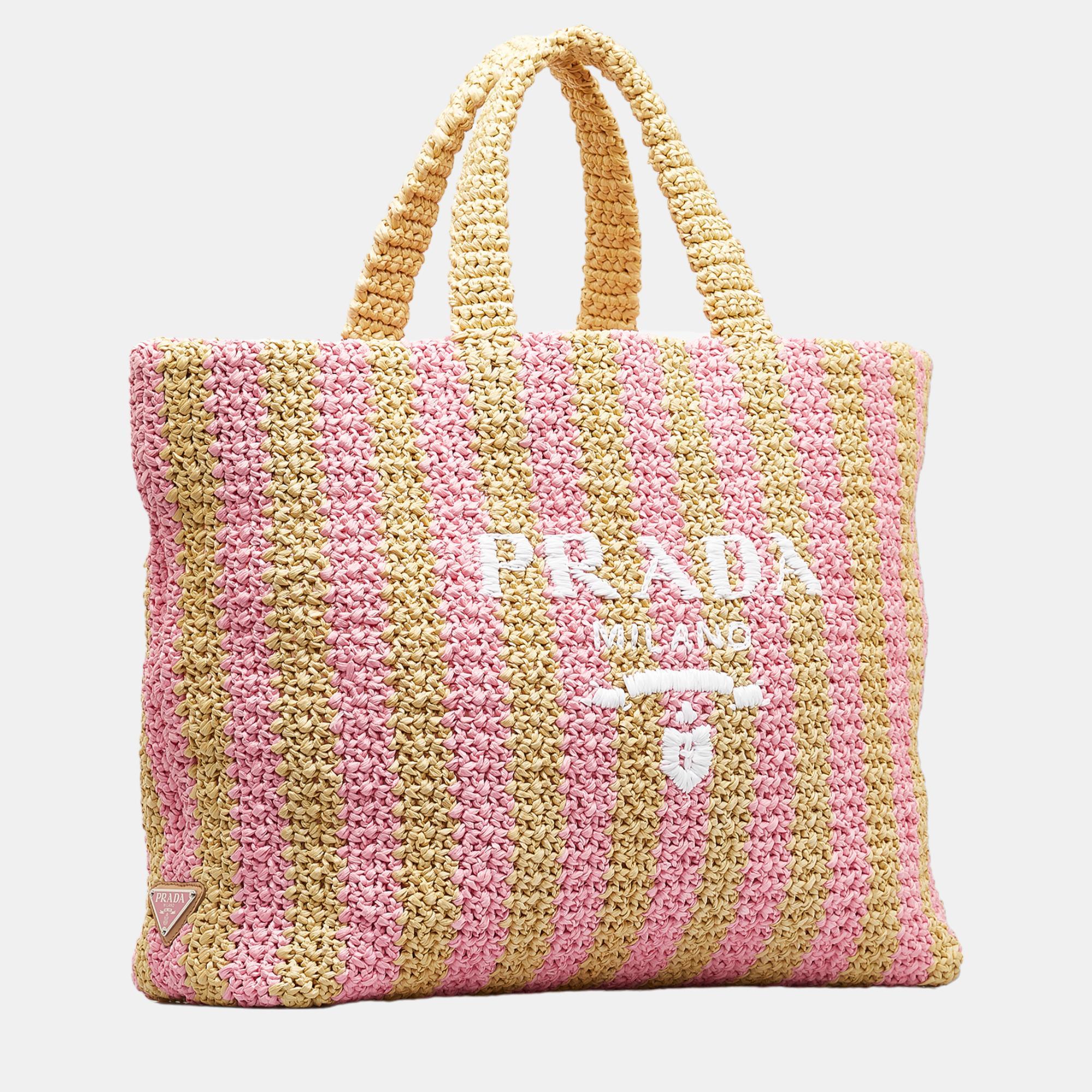 

Prada Brown/Pink Large Raffia Logo Tote