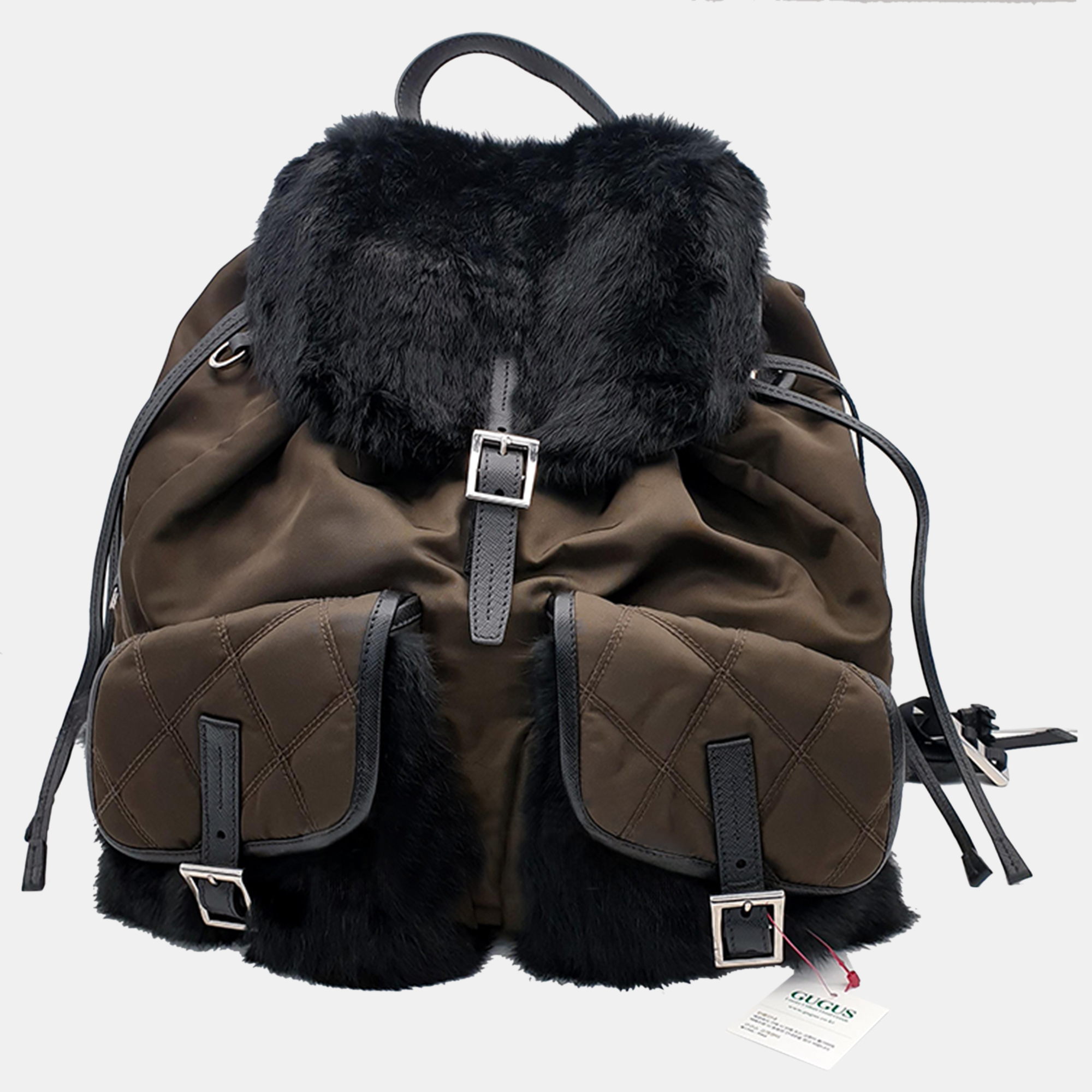Pre-owned Prada Khaki/black Rabbit Fur Trim Tesuto Backpack In Brown