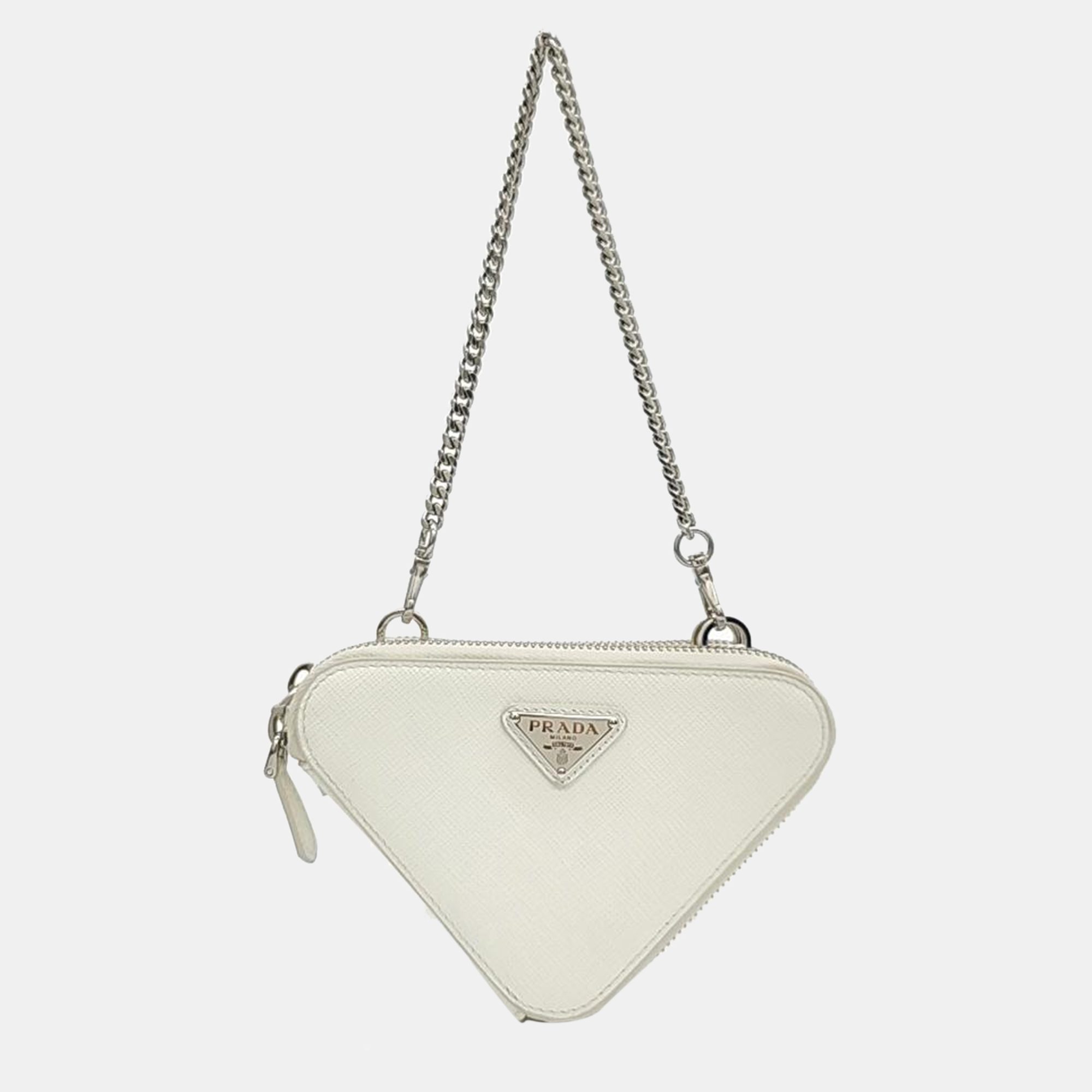 Pre-owned Prada Saffiano Triangle Mini Pouch (1nr015) In White