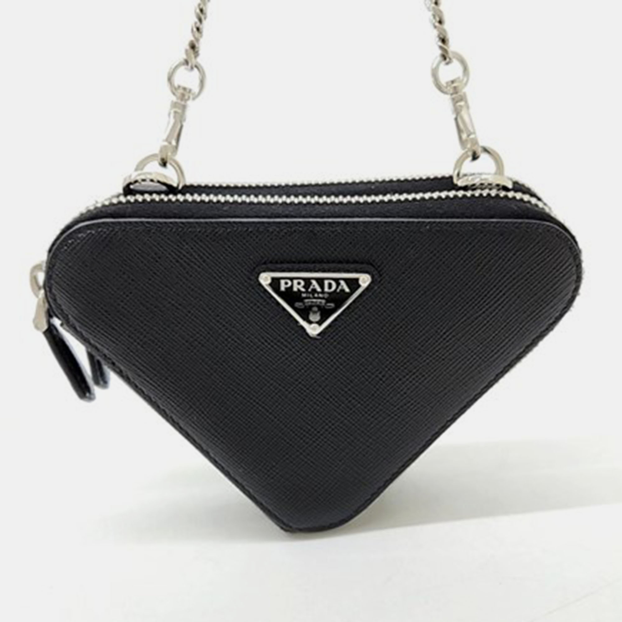 Pre-owned Prada Saffiano Triangle Mini Pouch In Black