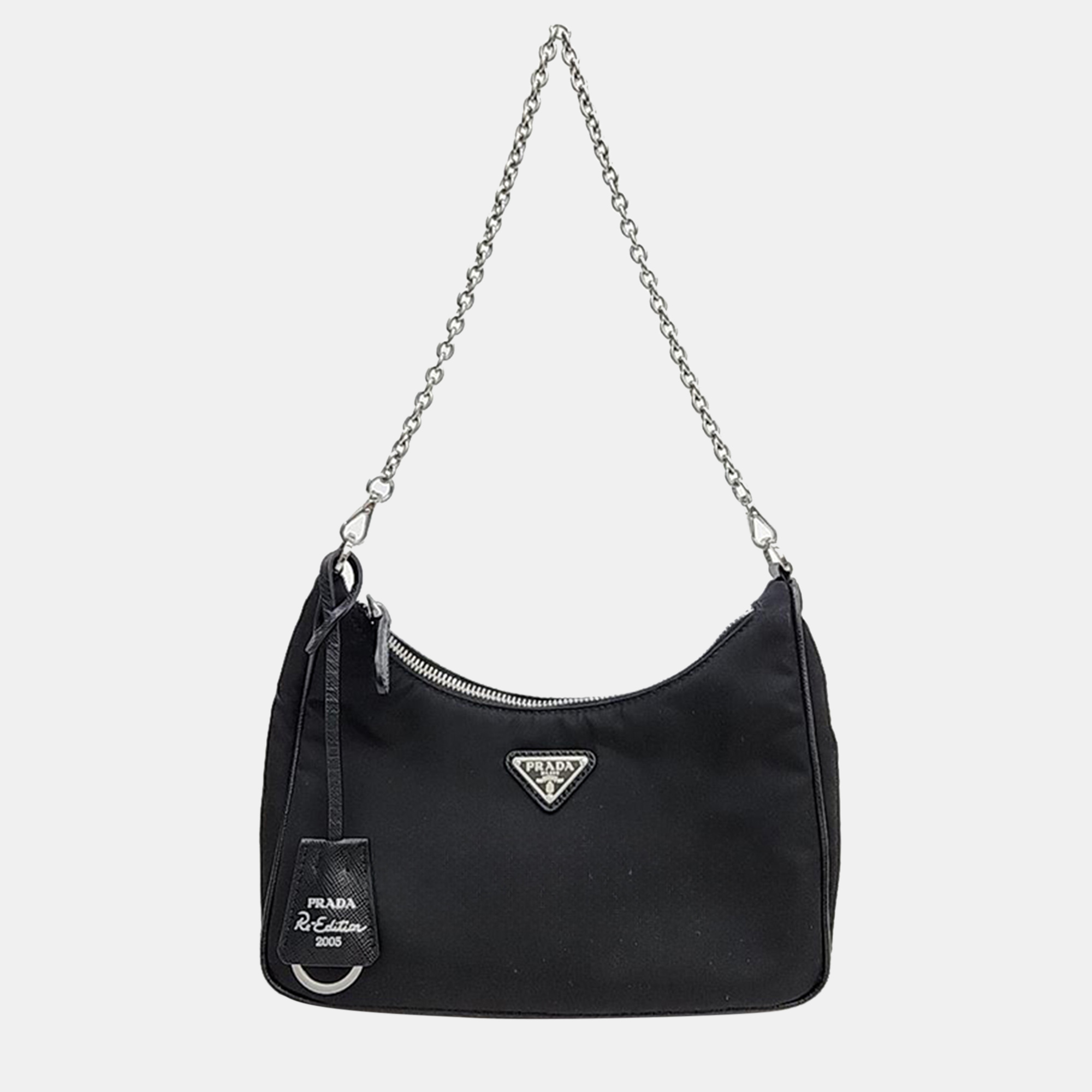 Pre-owned Prada Tesuto Chain Strap Hobo Bag (1bh204) In Black