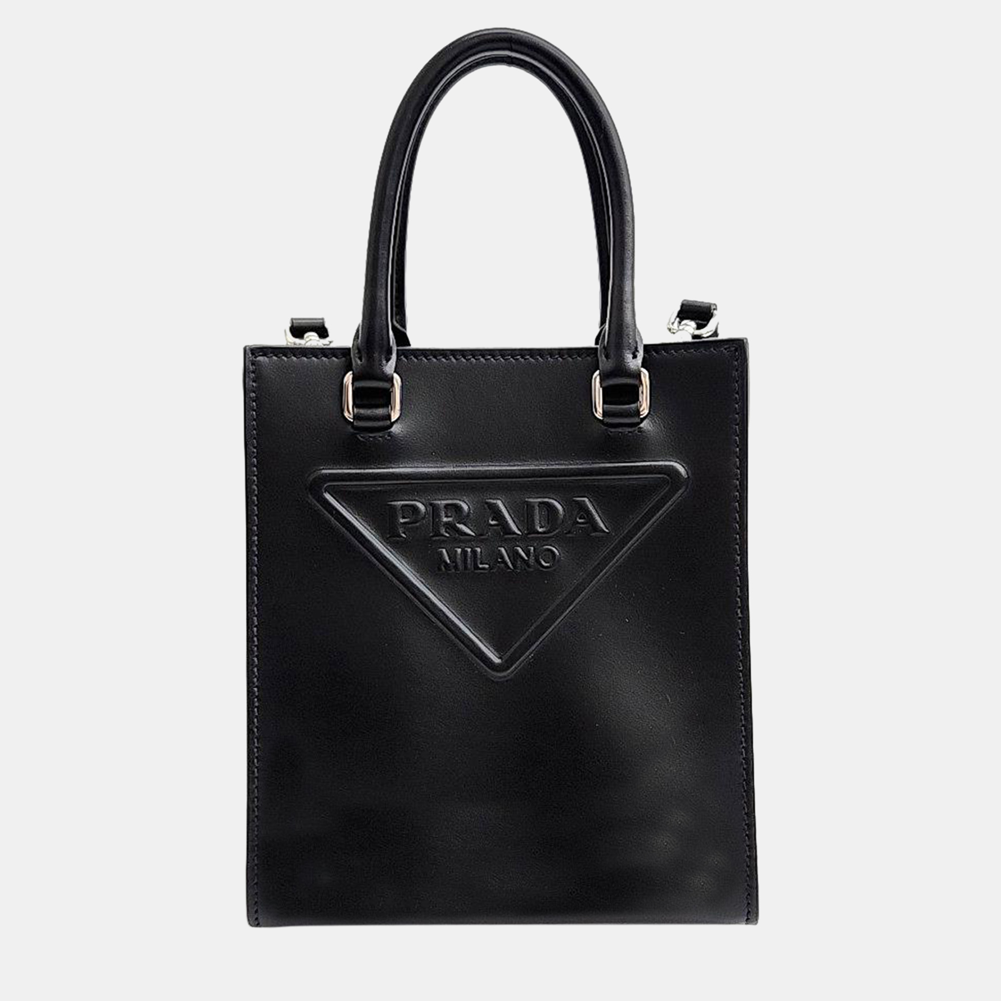 

Prada Black Mini Triangle Logo Leather North-South Tote Bag