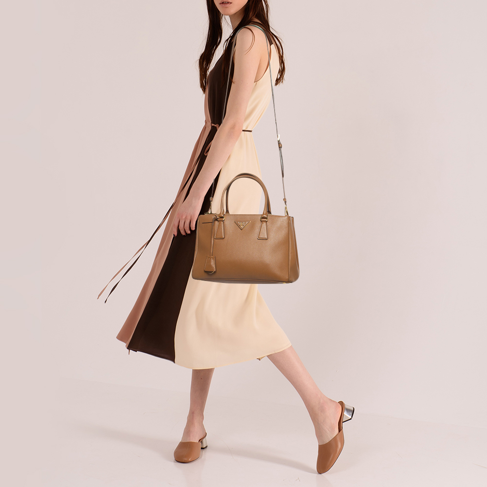 

Prada Brown Saffiano Lux Leather Small Double Zip Tote