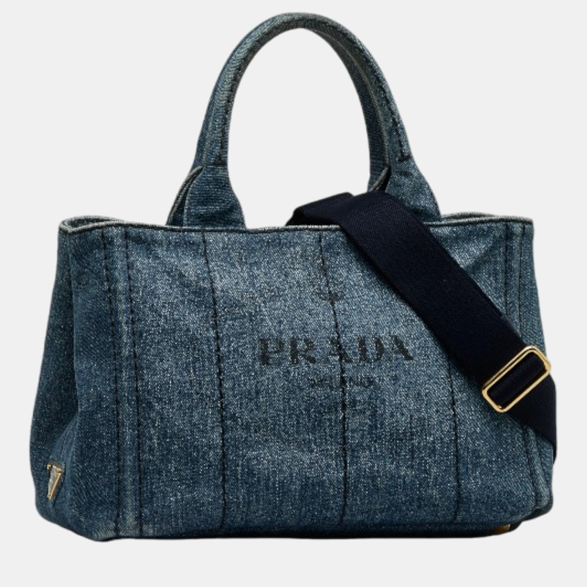 

Prada Blue Denim Canapa Denim Logo Handbag