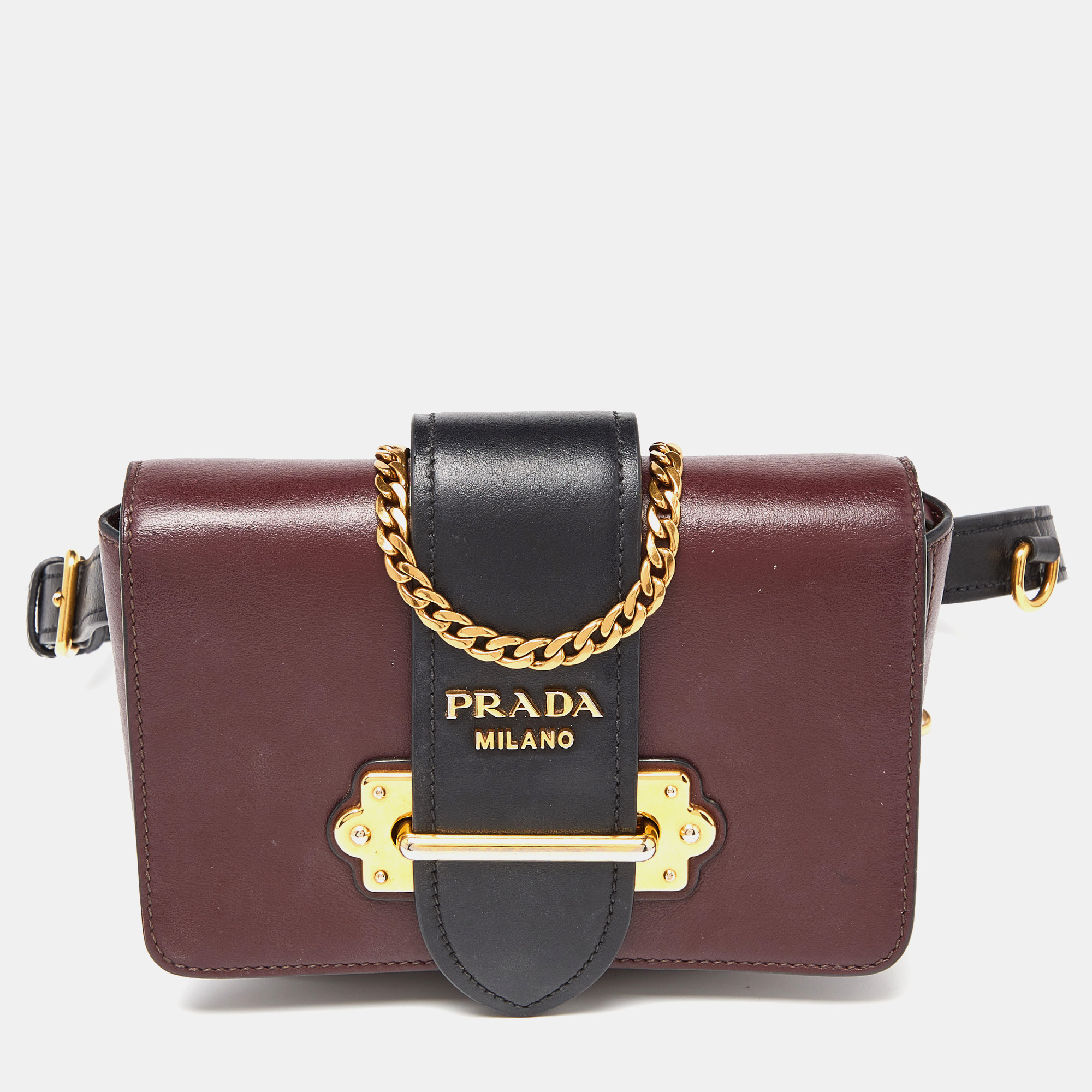 Pre-owned Prada Burgundy/black Leather Cahier Convertible Belt Bag
