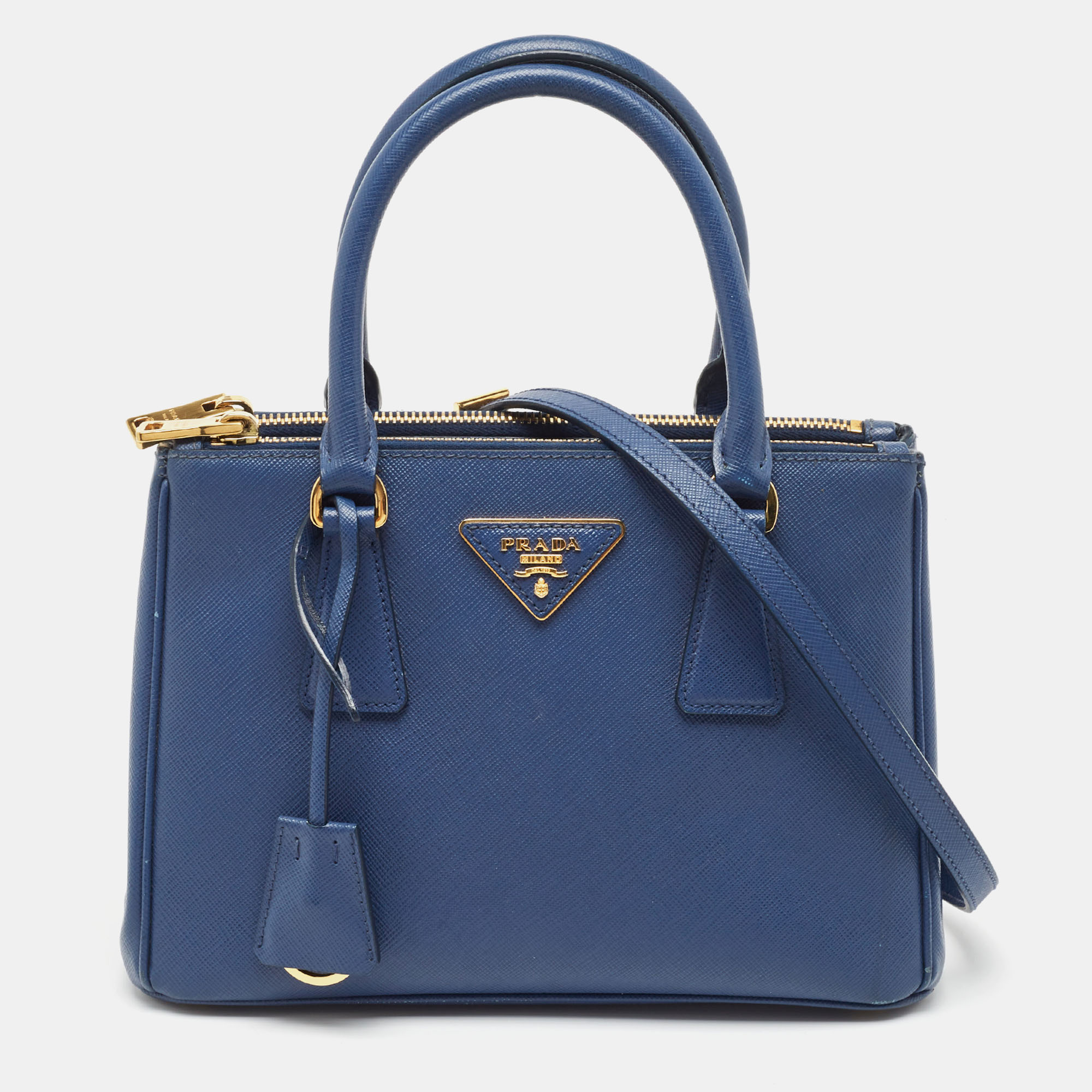 Pre Owned Prada Blue Saffiano Lux Leather Small Galleria Double Zip Tote