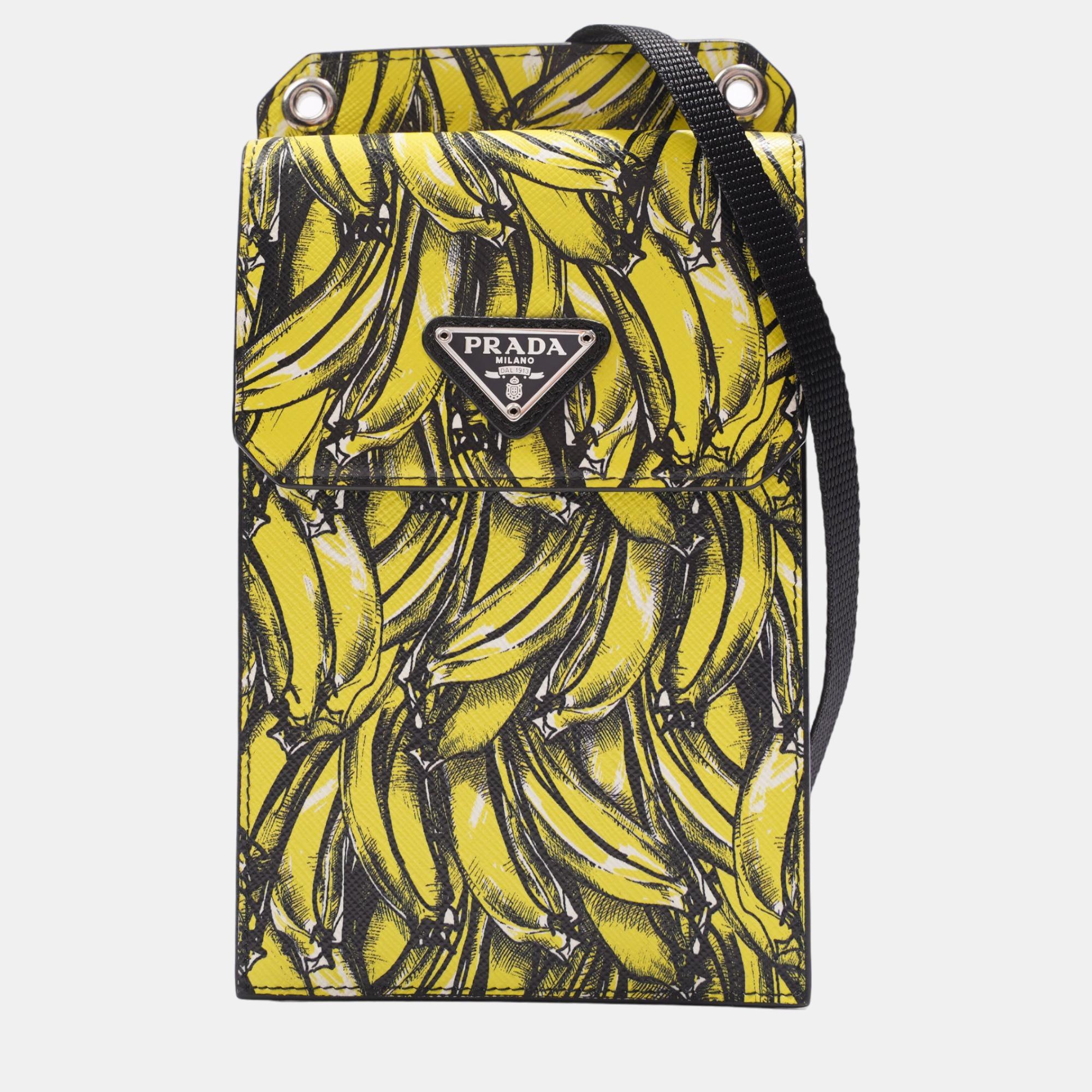 Pre-owned Prada Banana Clutch On Strap Yellow Leather