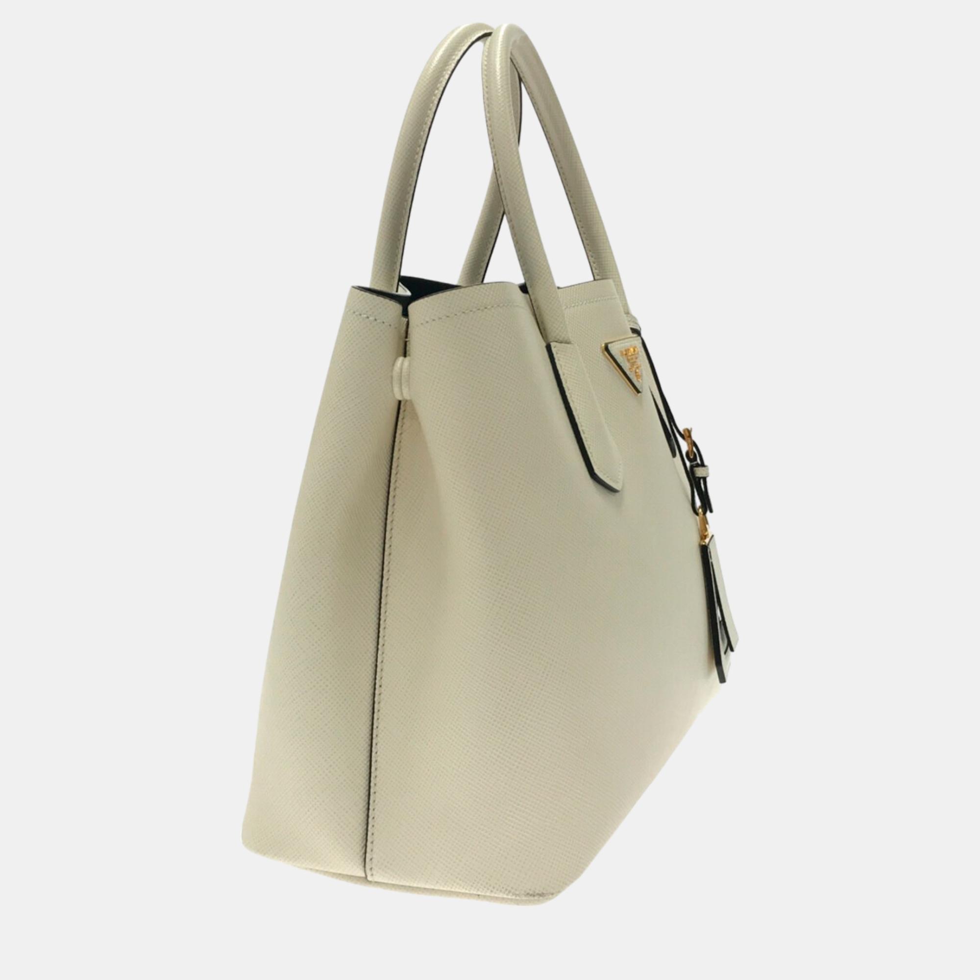 

Prada White Medium Saffiano Cuir Double Satchel