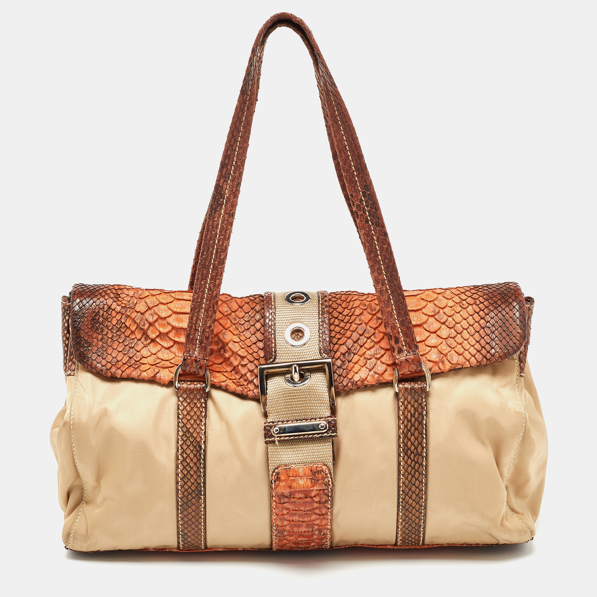 Pre-owned Prada Beige/brown Nylon And Python Flap Tote