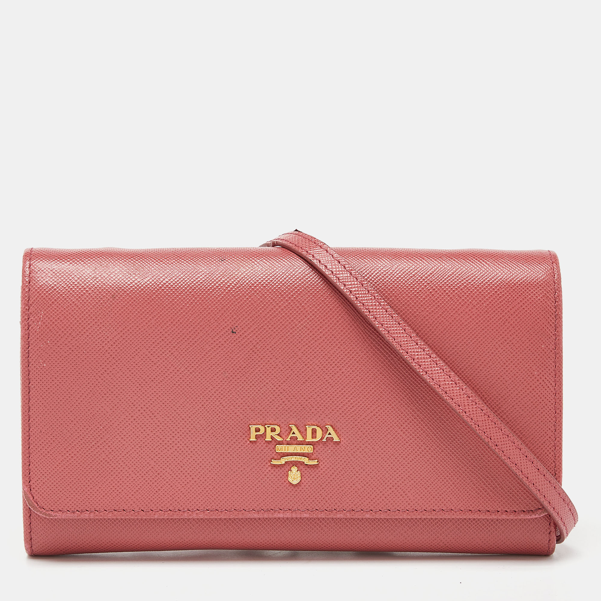 Prada Pink Saffiano Leather Flap Wallet On Strap