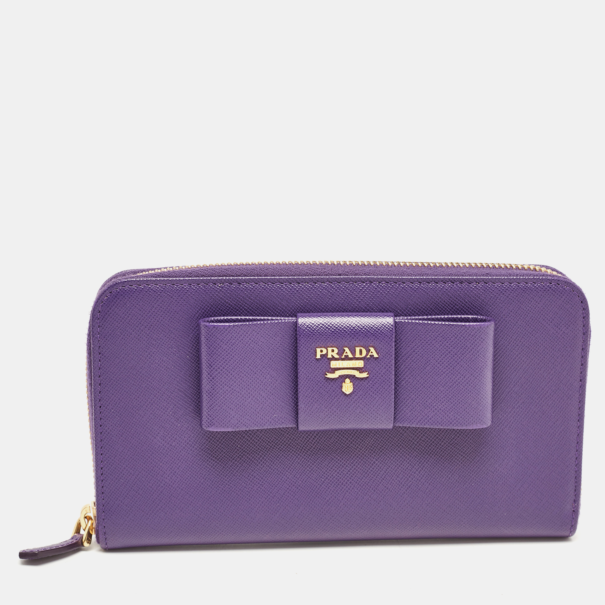 Pre-owned Prada Purple Saffiano Leather Bow Zip Around Wallet