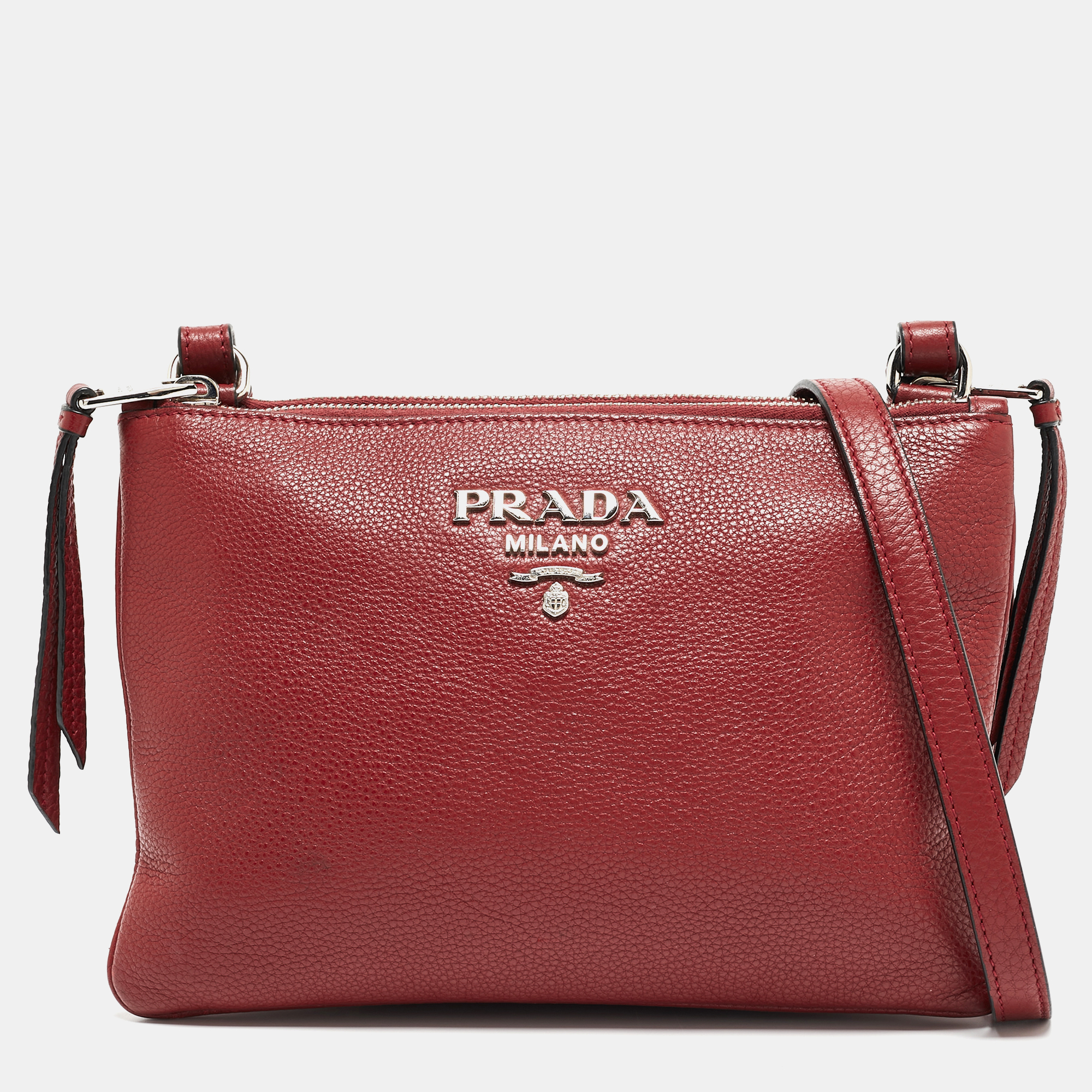 Pre-owned Prada Red Vitello Phenix Leather Double Zip Crossbody Bag