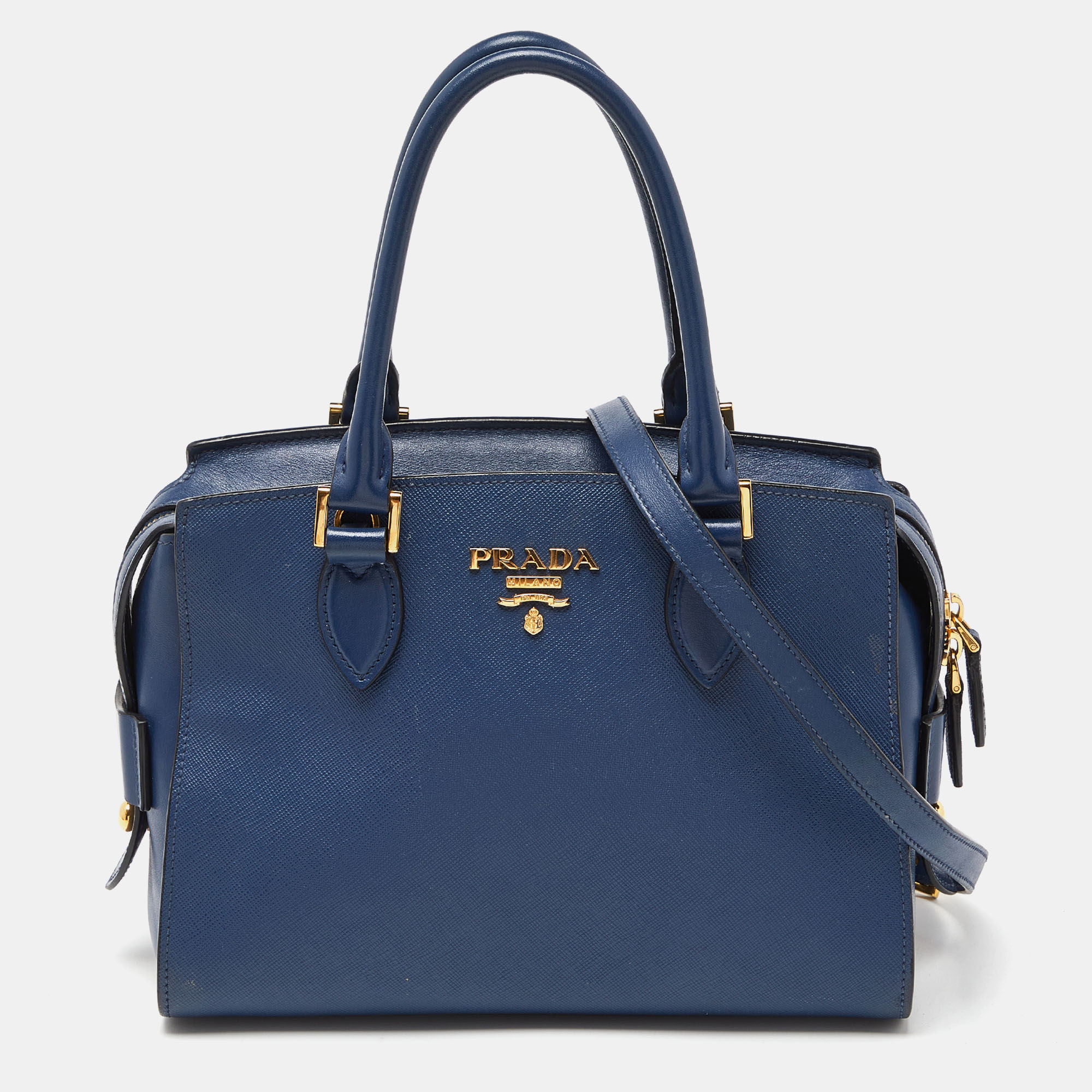 Pre-owned Prada Blue Saffiano/soft Leather Double Handle Tote