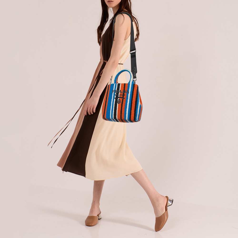 

Prada Multicolor Stripe Terry Fabric Embroidered Logo Tote