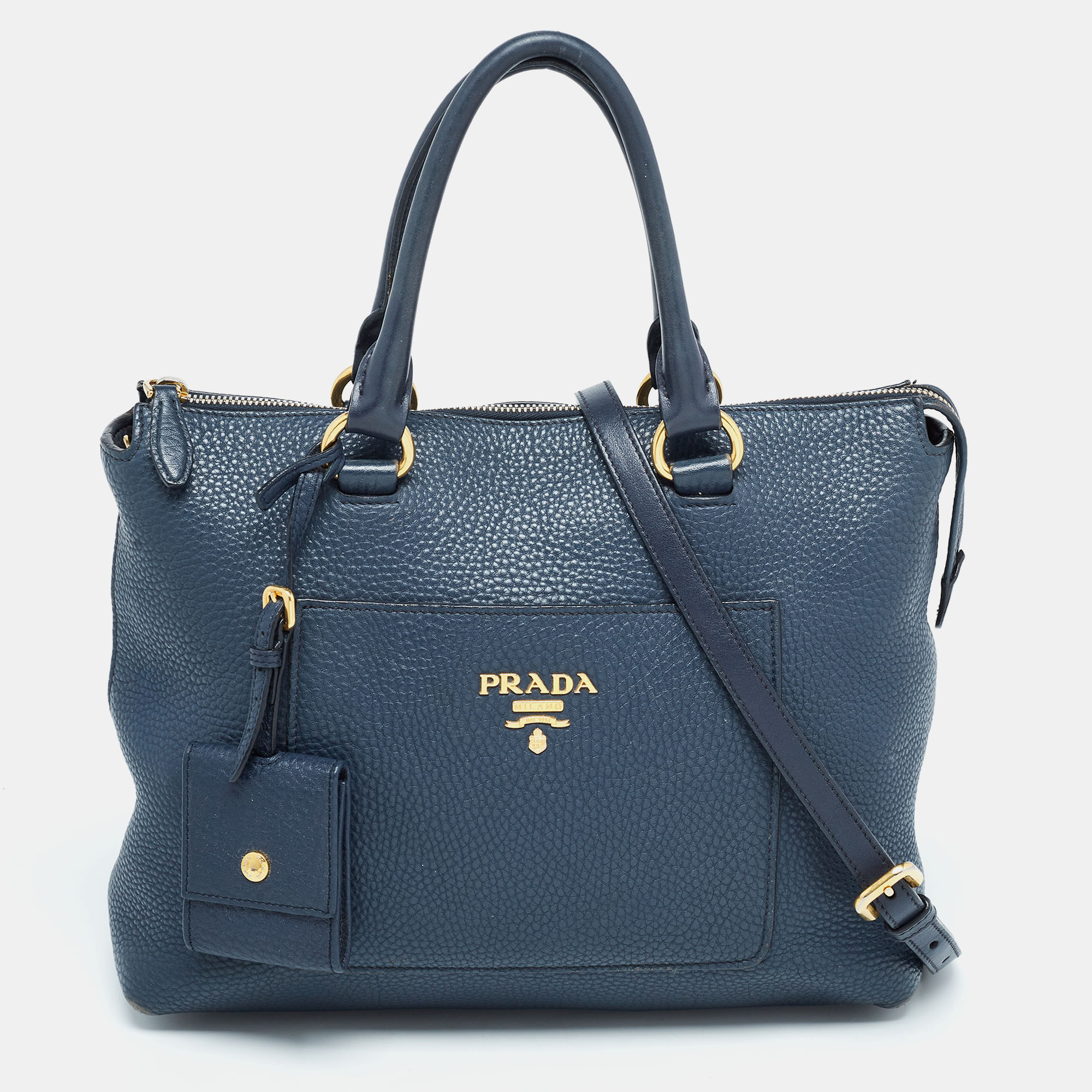 Pre-owned Prada Navy Blue Vitello Daino Leather Satchel